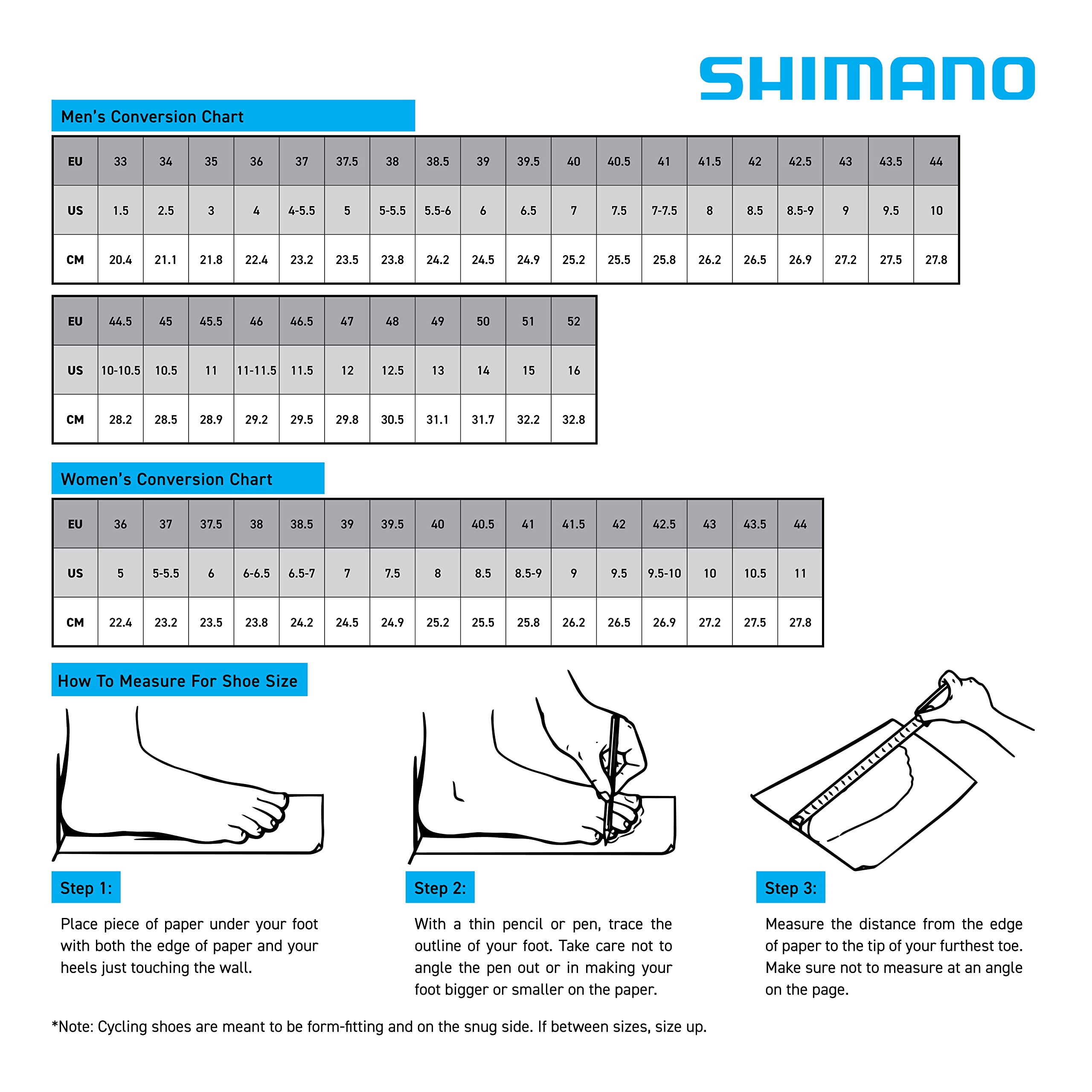 Shimano shoe size charts for men with illustrated steps to measure foot length using a pencil and ruler, ensuring accurate sizing for the SHIMANO SHAM503 Mens SPD Mountain Biking Shoe.