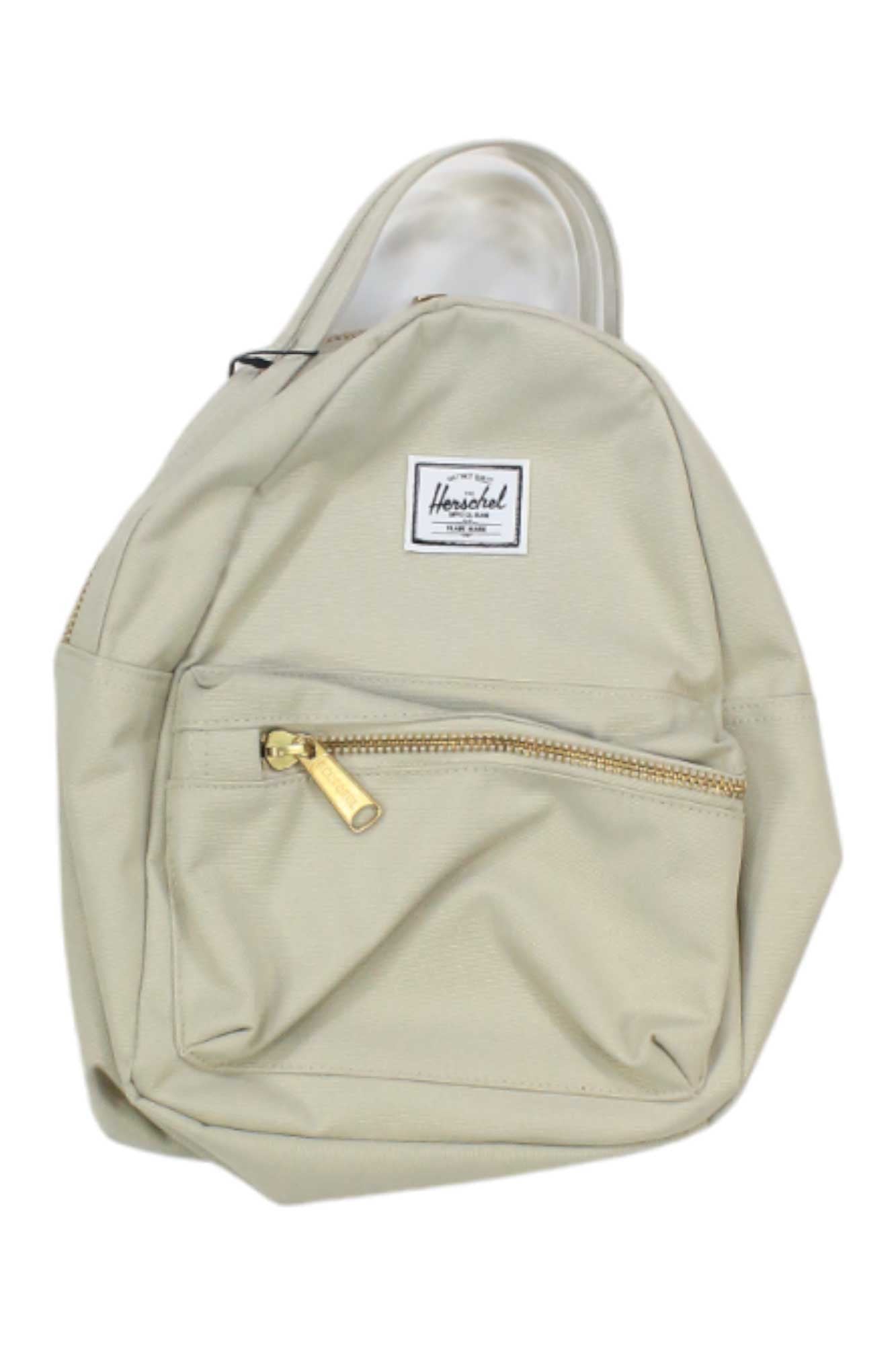 The Herschel Supply Co Nova Mini Backpack in beige features a front zipper pocket, gold metal zippers, adjustable shoulder straps, a white front brand label, and a signature striped liner, shown against a white background.