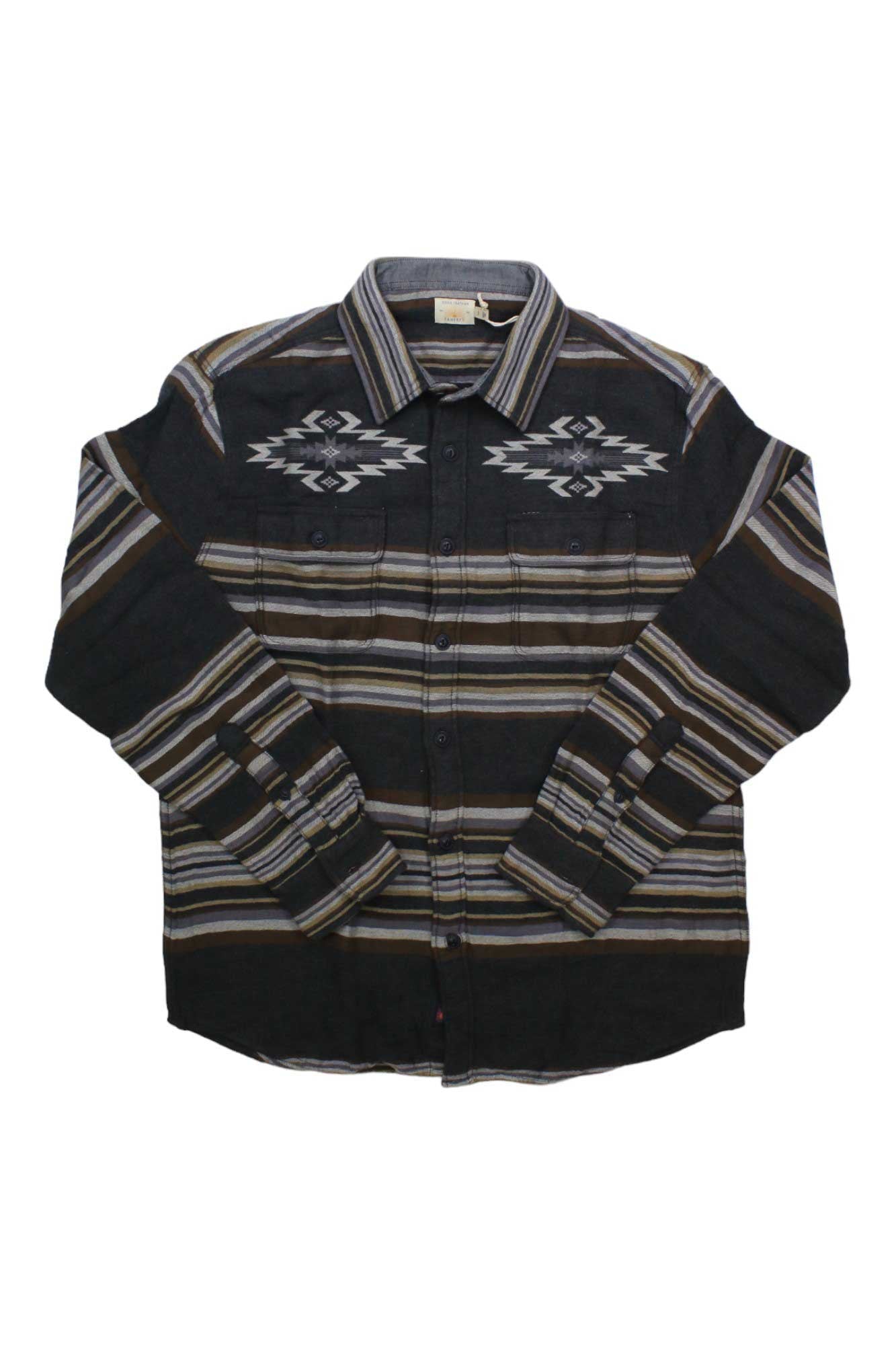 The Faherty Mens DGF Canyon Overshirt is crafted from organic cotton with a black base, beige and gray horizontal stripes, southwestern-style chest patterns, a collar, button-up front, and two chest pockets.