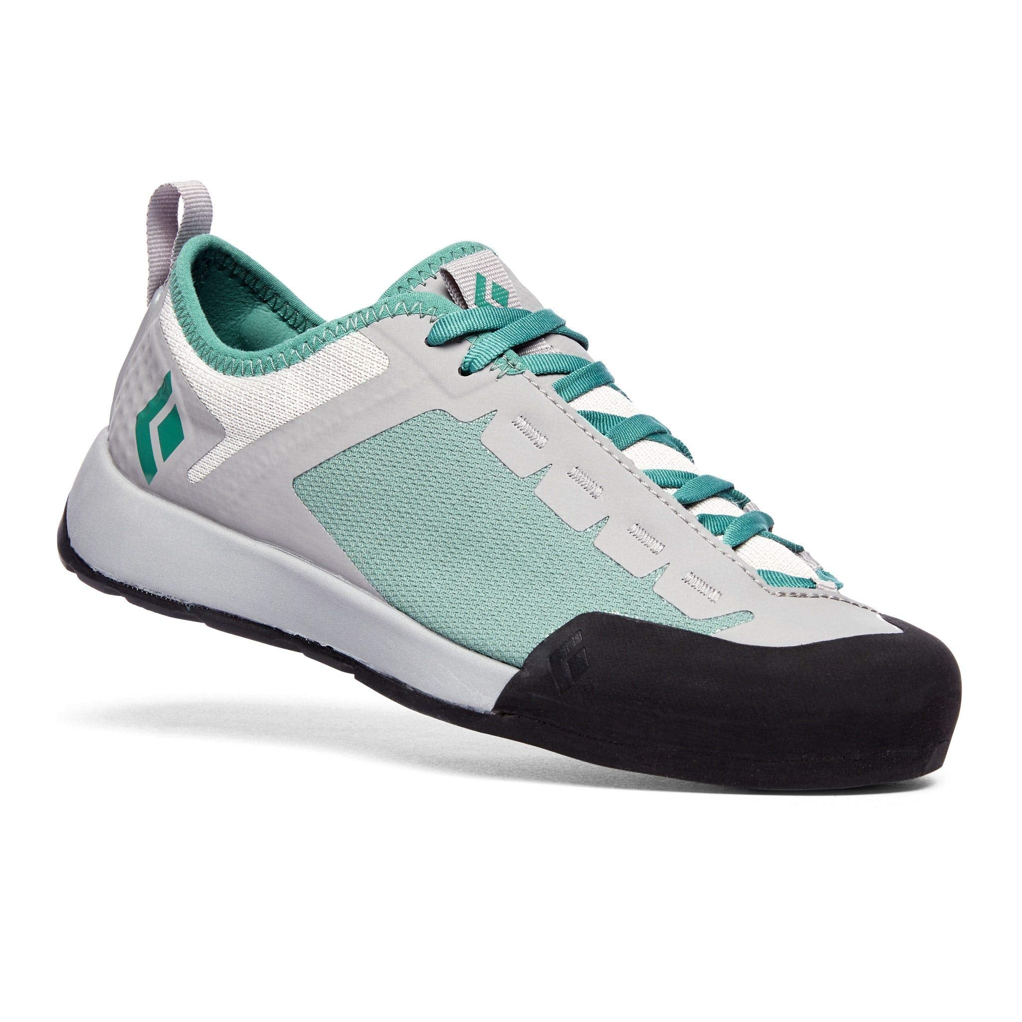 The Black Diamond Women's Fuel Approach Shoes feature a light gray upper, teal laces, black rubber toe cap, and a heel pull tab—designed for outdoor exploration and approach hikes—shown on a white background.