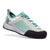The Black Diamond Women's Fuel Approach Shoes feature a light gray upper, teal laces, black rubber toe cap, and a heel pull tab—designed for outdoor exploration and approach hikes—shown on a white background.