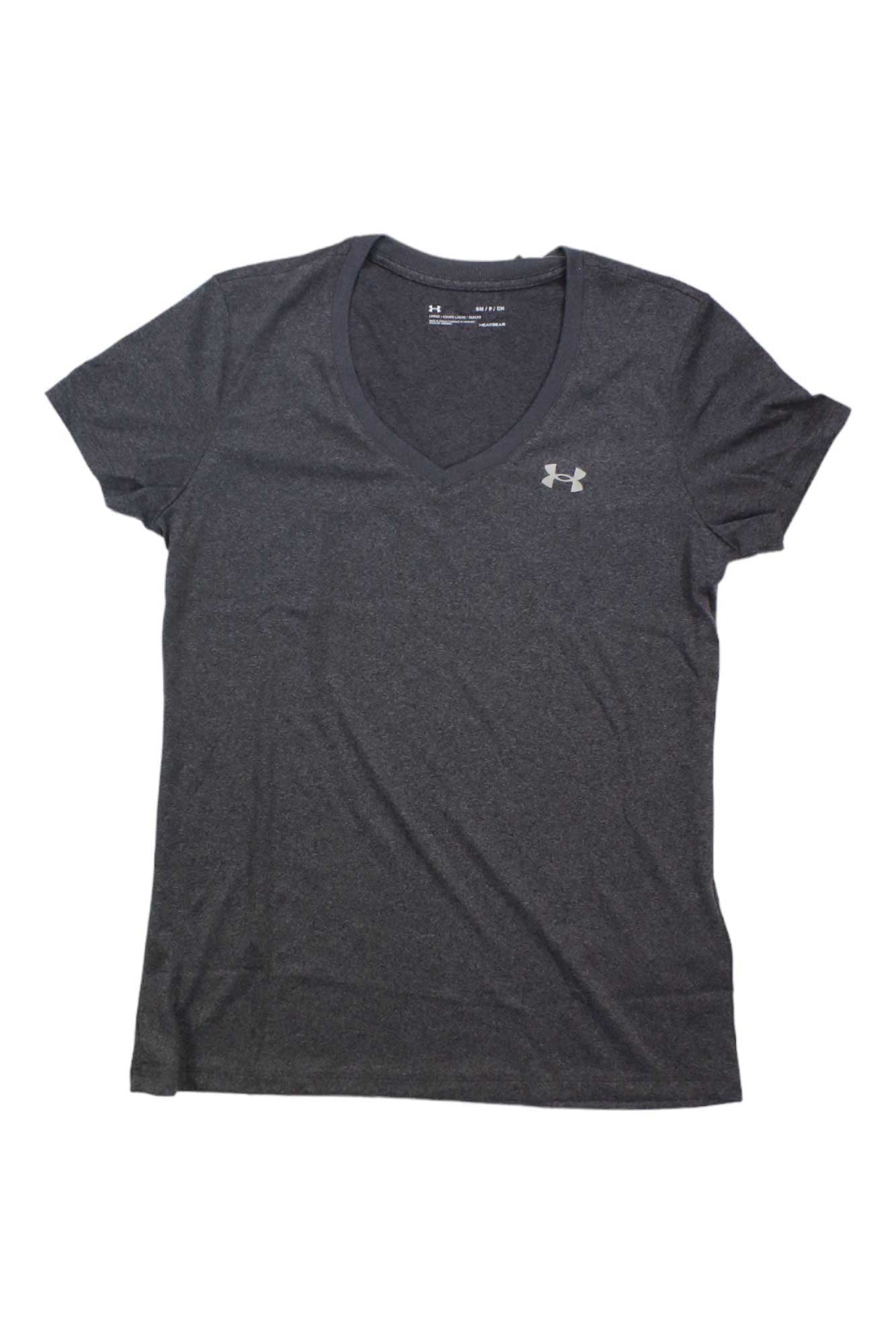 A short-sleeved, dark gray Under Armour Women’s UA Tech Solid V-Neck SS Top with moisture-wicking fabric and the logo on the left chest, laid flat on a white background.