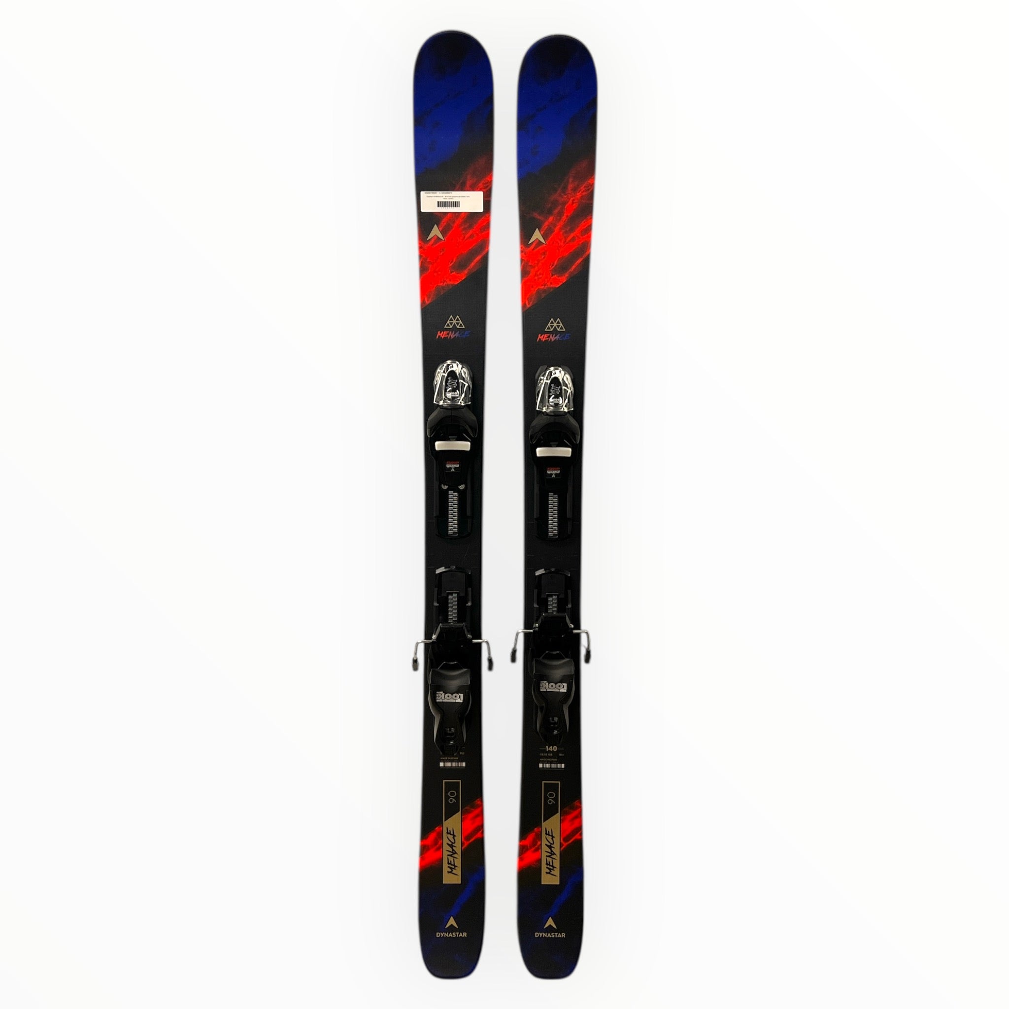 A pair of Dynastar M-Menace 90 skis with M10 GW bindings, black with red and blue accents, showing brand logos on a white background.