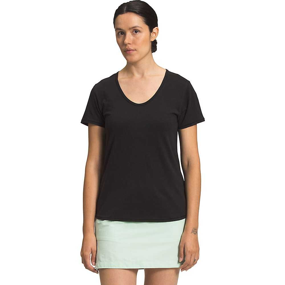 Women’s black scoop-neck short-sleeve T-shirt, front view on model.