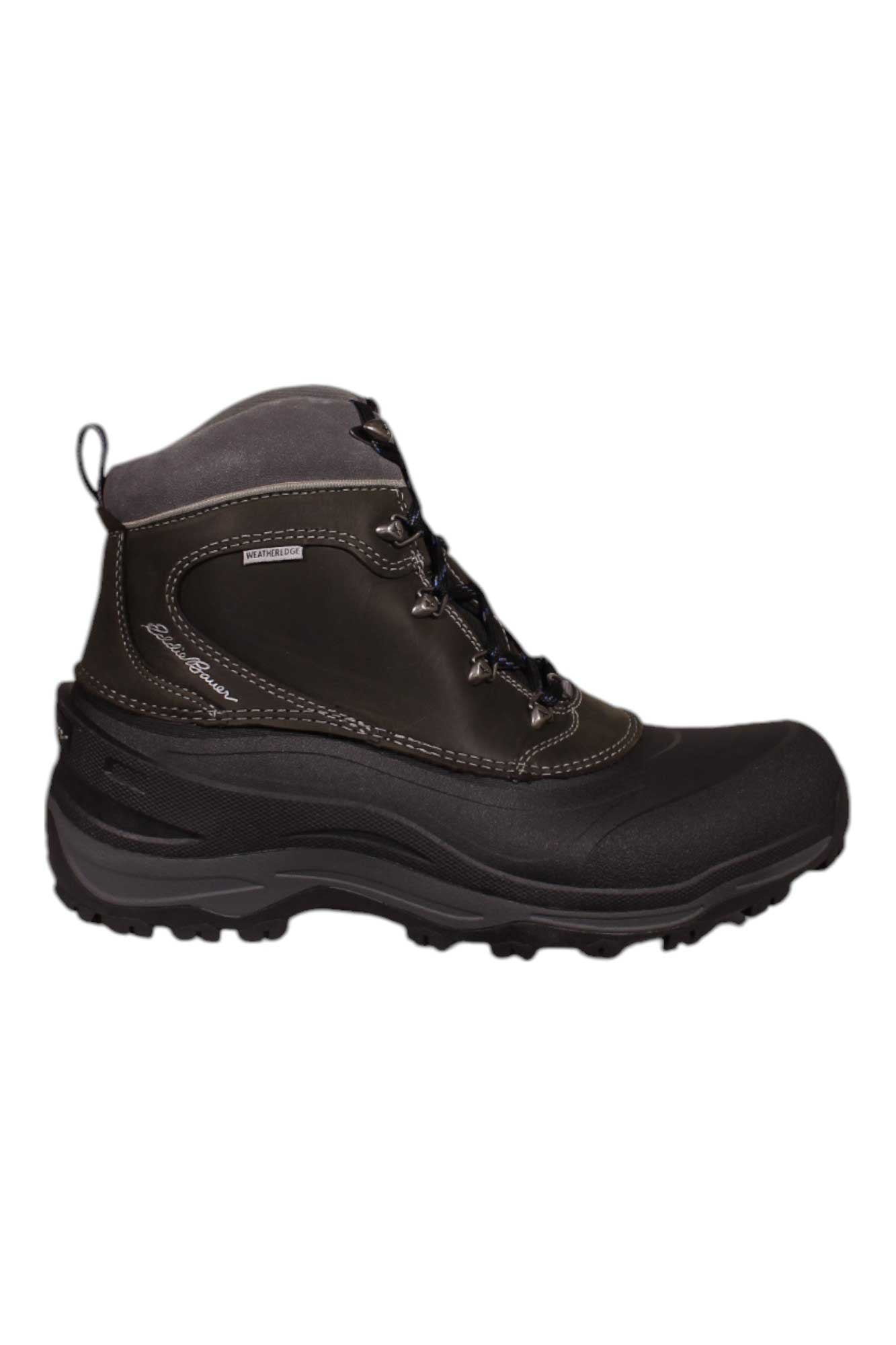 The Eddie Bauer Mens Snowfoil Boot is a black and dark gray lace-up snow boot for men, featuring rugged tread, reinforced toe, visible stitching, insulated warmth, and waterproof design for outdoor use.