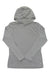 The Huk Womens Waypoint Hoodie is a light gray, long-sleeve fishing hoodie with a hood, shown laid flat on a white background with arms crossed at the wrists. Ideal for sun protection during any outdoor adventure.