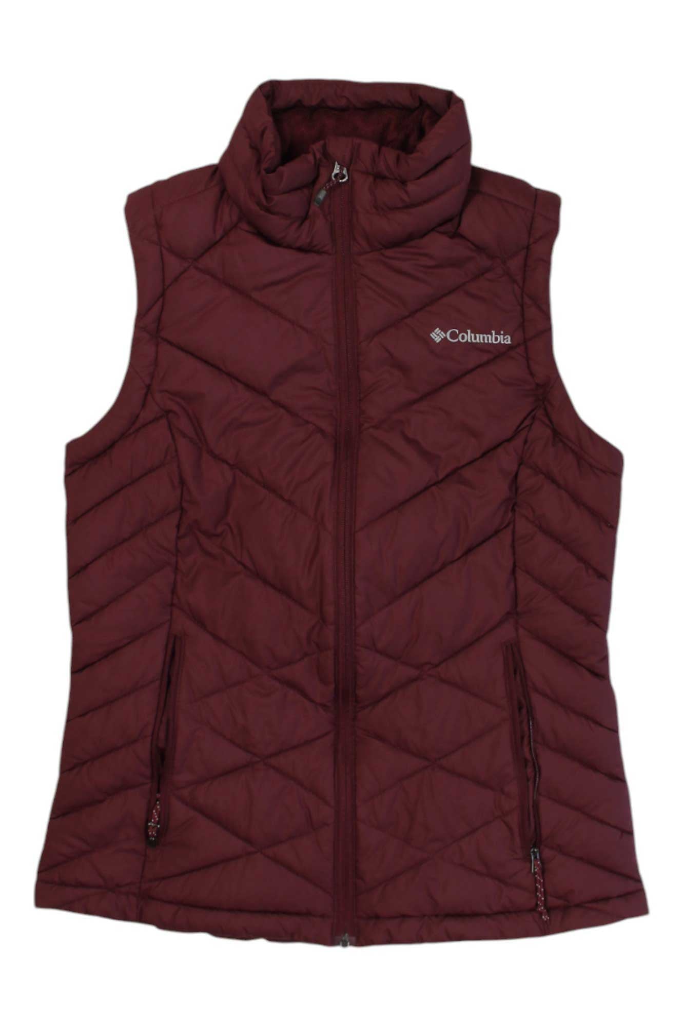 The Columbia Womens Heavenly Insulated Vest is sleeveless and maroon, featuring a high collar, front zipper, two zippered side pockets, Omni-Heat thermal lining, and the Columbia logo on the left chest.
