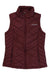 The Columbia Womens Heavenly Insulated Vest is sleeveless and maroon, featuring a high collar, front zipper, two zippered side pockets, Omni-Heat thermal lining, and the Columbia logo on the left chest.