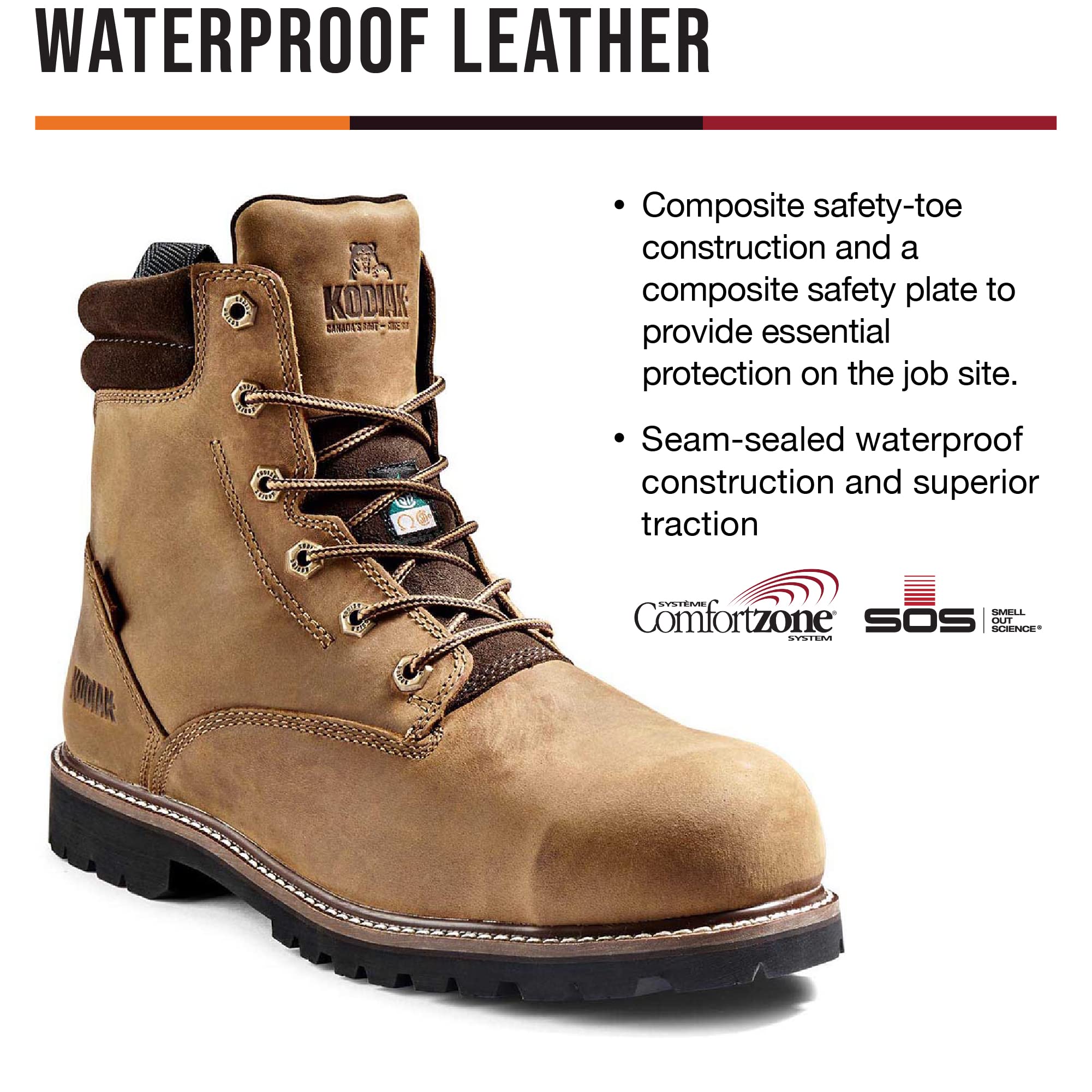 The Kodiak Men's McKinney Soft Toe Waterproof Industrial Boots are brown full-grain leather work boots with dark brown laces, a black sole, and text highlighting their waterproof build and slip-resistant traction.