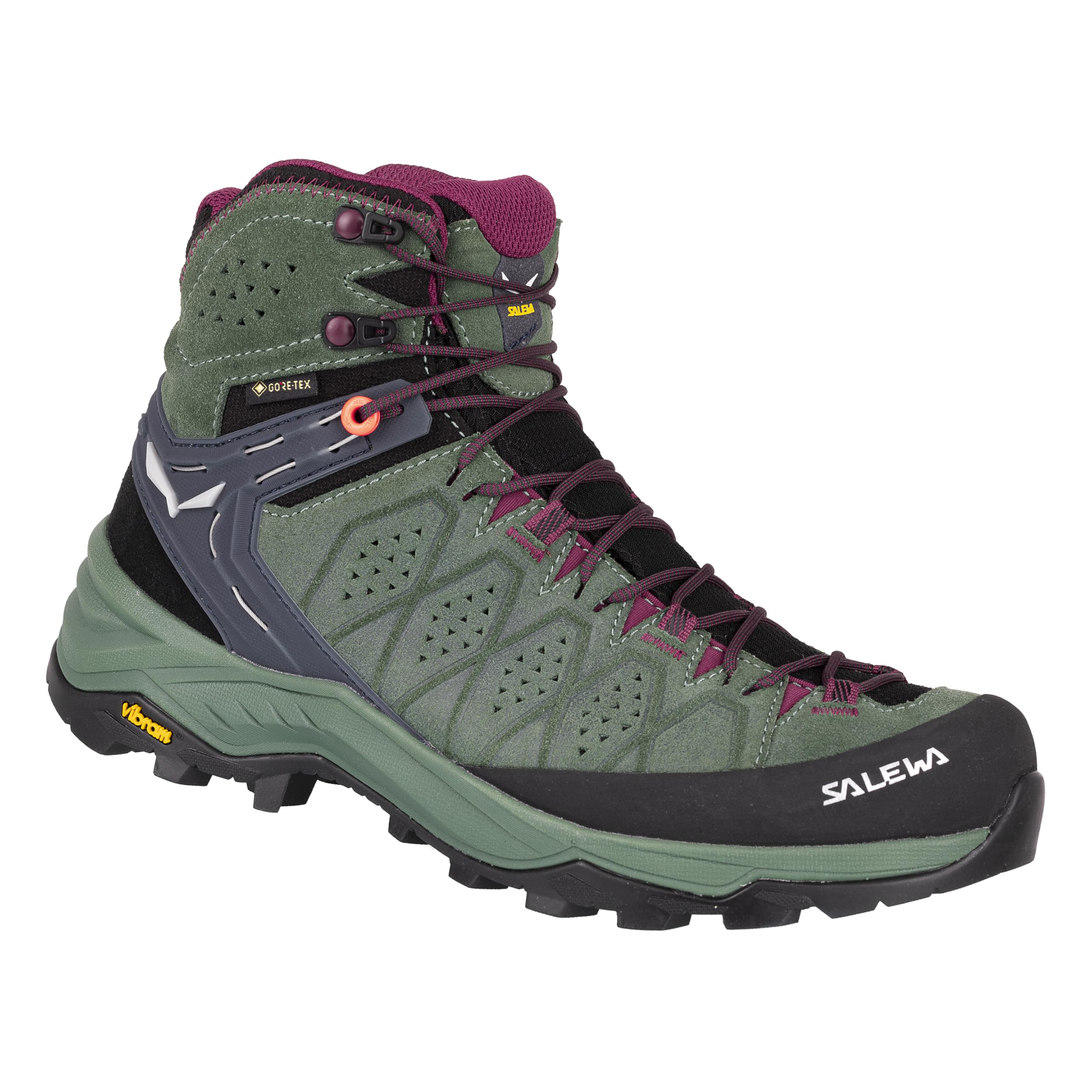 The Salewa Women's Alp Trainer 2 Mid GTX Waterproof Hiking Boots feature a green and black design with maroon laces, mesh panels, Vibram Alpine sole, metal eyelets, reinforced stitching, and the Salewa logo for durable outdoor performance.