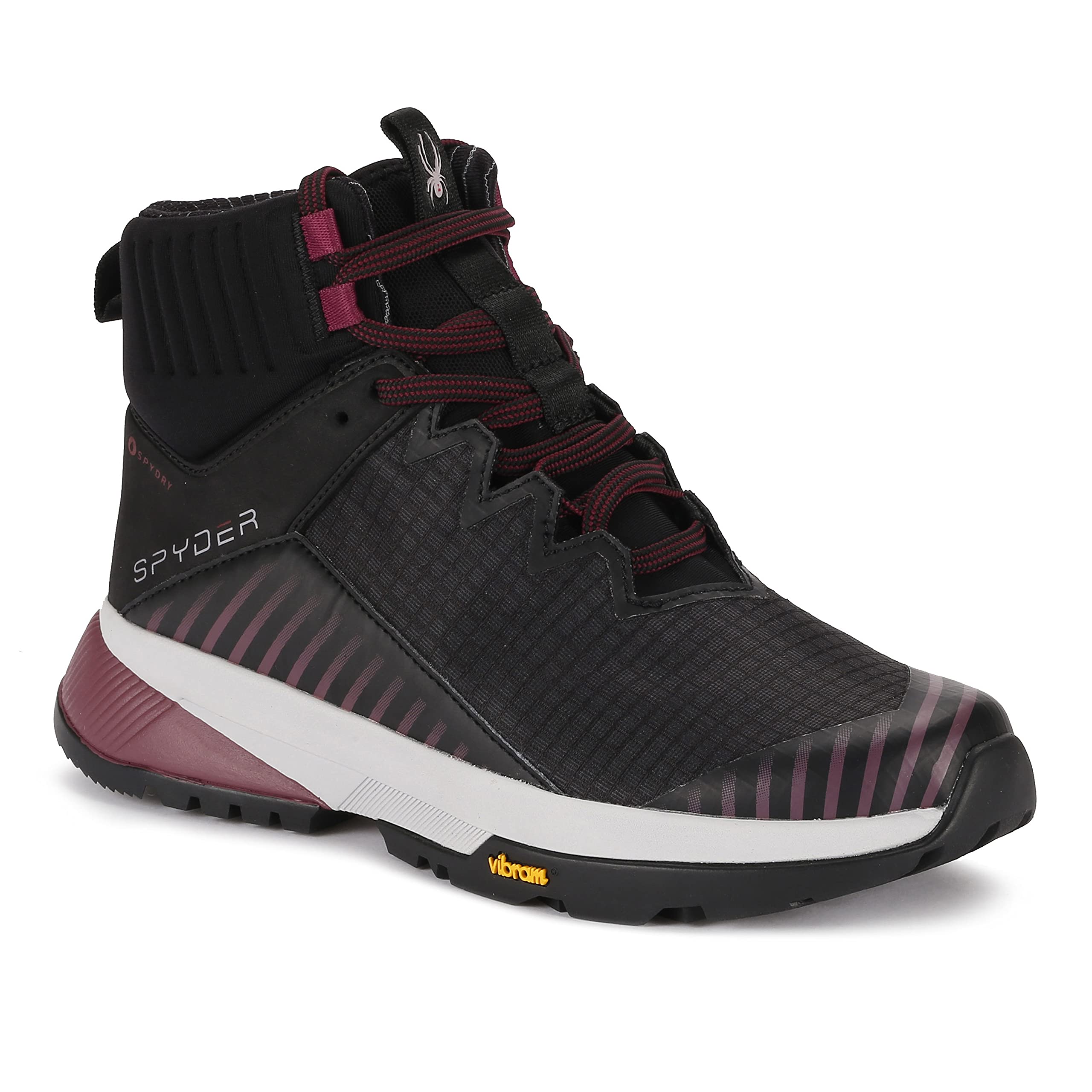 The Spyder Women's Trail Running Shoes Black Size 10 feature maroon and pink accents, a white and maroon sole, Vibram outsole branding, SPYDER on the side, a high ankle collar, and a zigzag design for standout style.