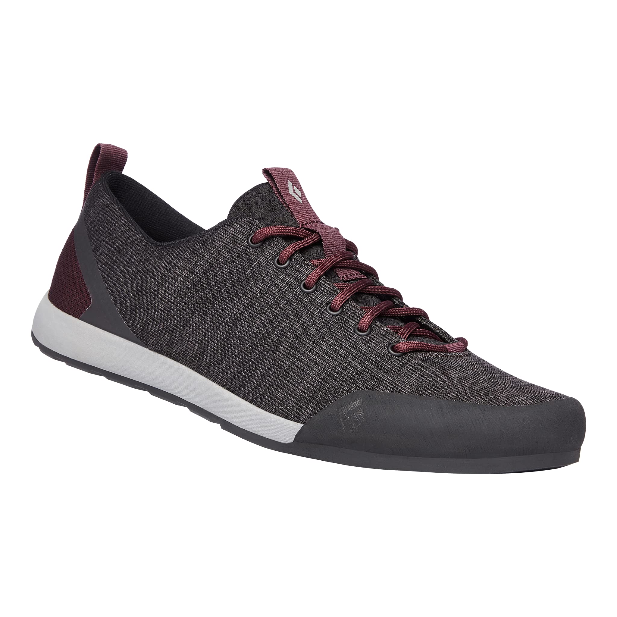 A pair of BLACK DIAMOND Women's Circuit Approach Shoes in dark gray with a white sole, burgundy laces, and a small logo on the tongue is displayed at an angle against a white background.