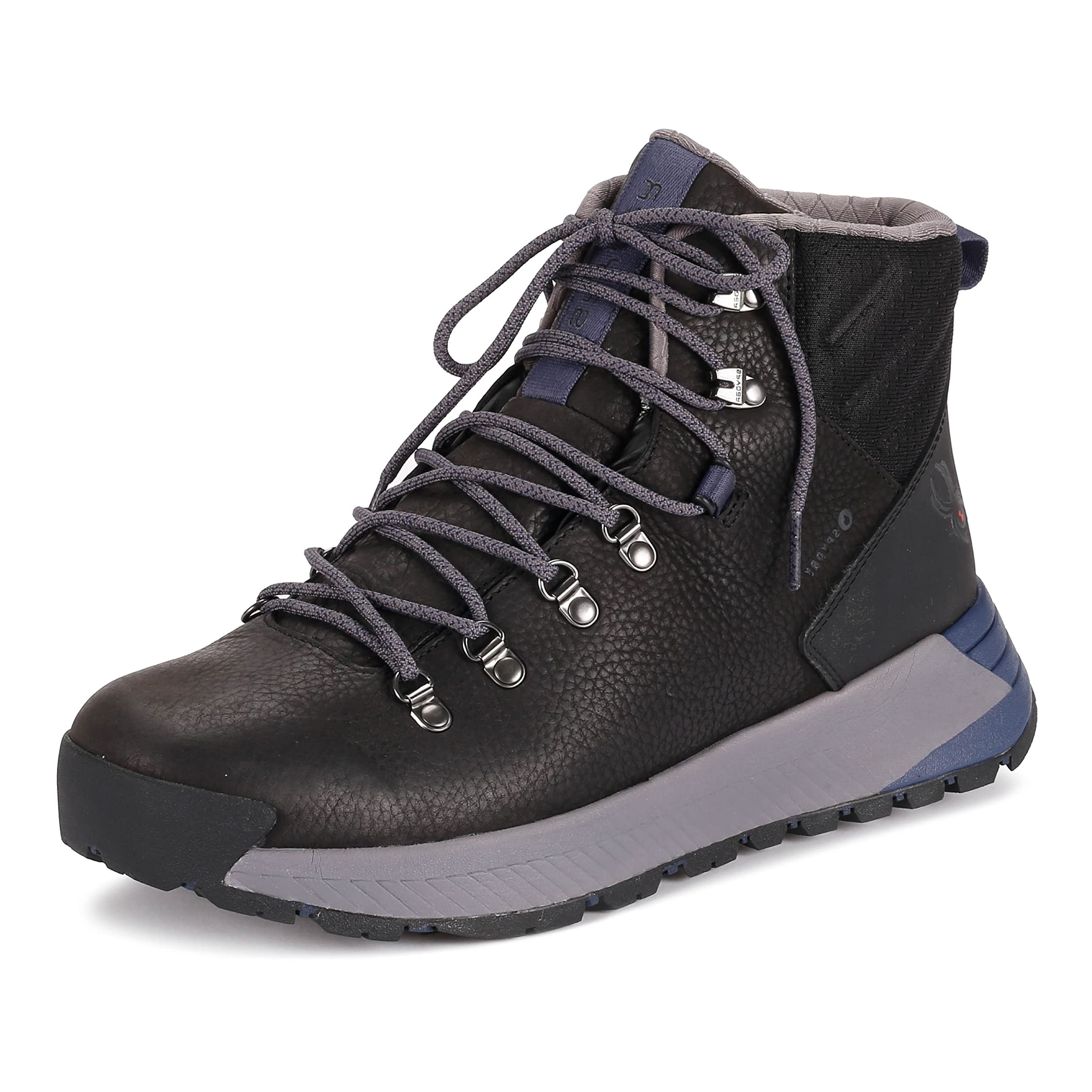 The Spyder Men's Hiking Shoes Black feature dark gray laces, metal eyelets, a thick sturdy sole, padded ankle collar, and textured leather upper. These waterproof shoes are perfect for outdoor activities.