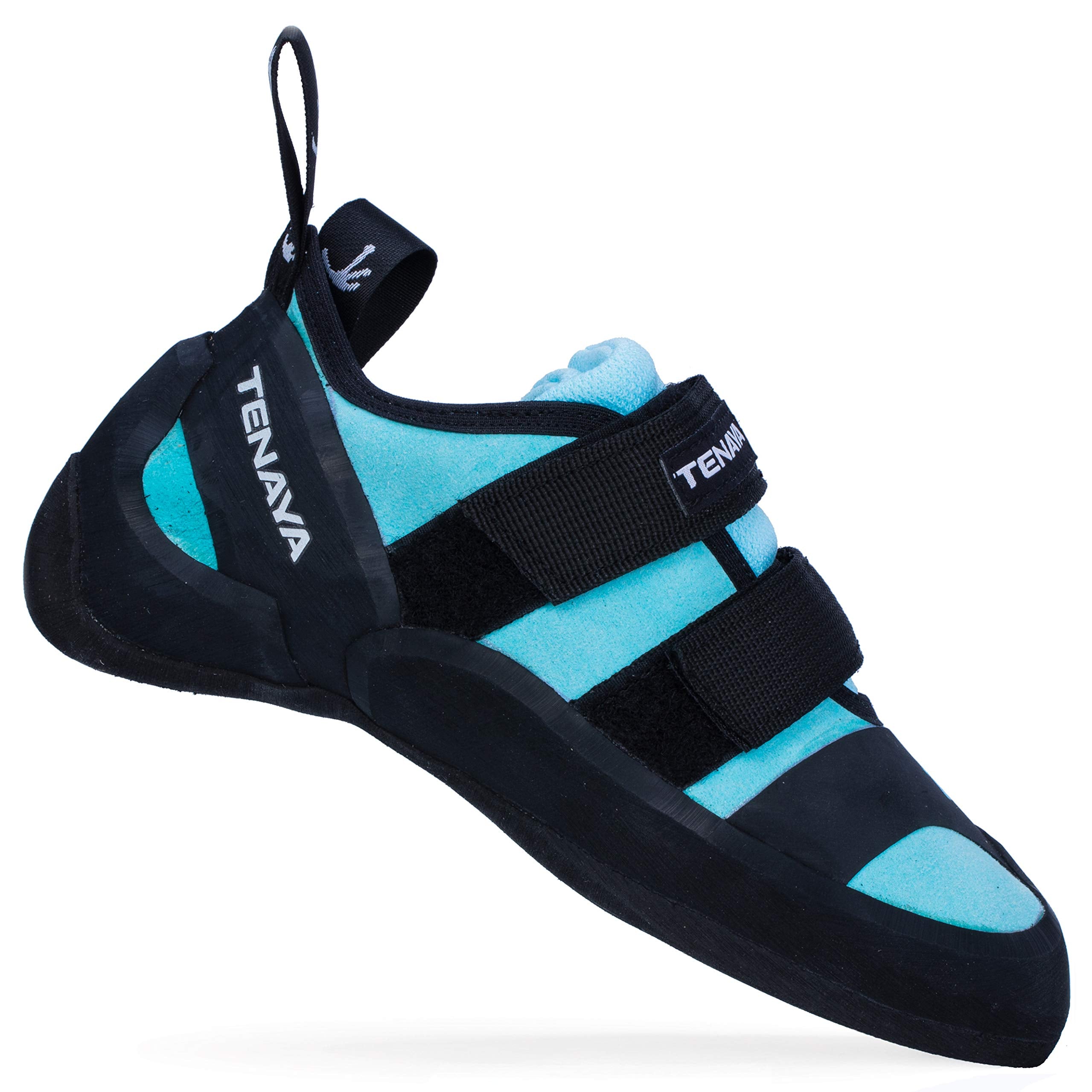 A single Tenaya Ra Women's Climbing Shoe in blue with two Velcro straps, a heel pull tab, and TENAYA branding—a top women's performance climbing shoe.