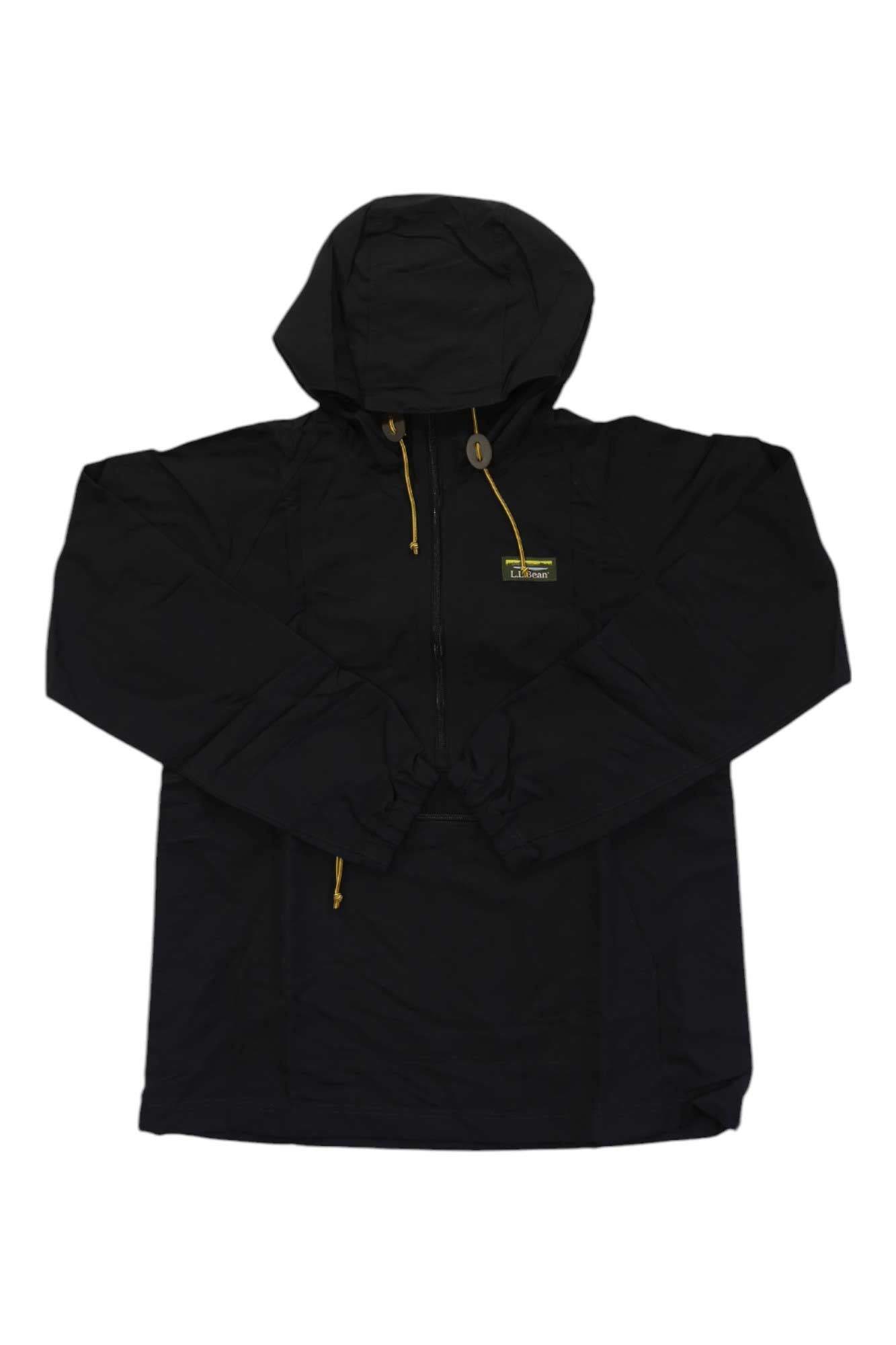 Women's black anorak jacket with hood, front zip, and yellow drawcord