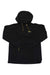 Women's black anorak jacket with hood, front zip, and yellow drawcord
