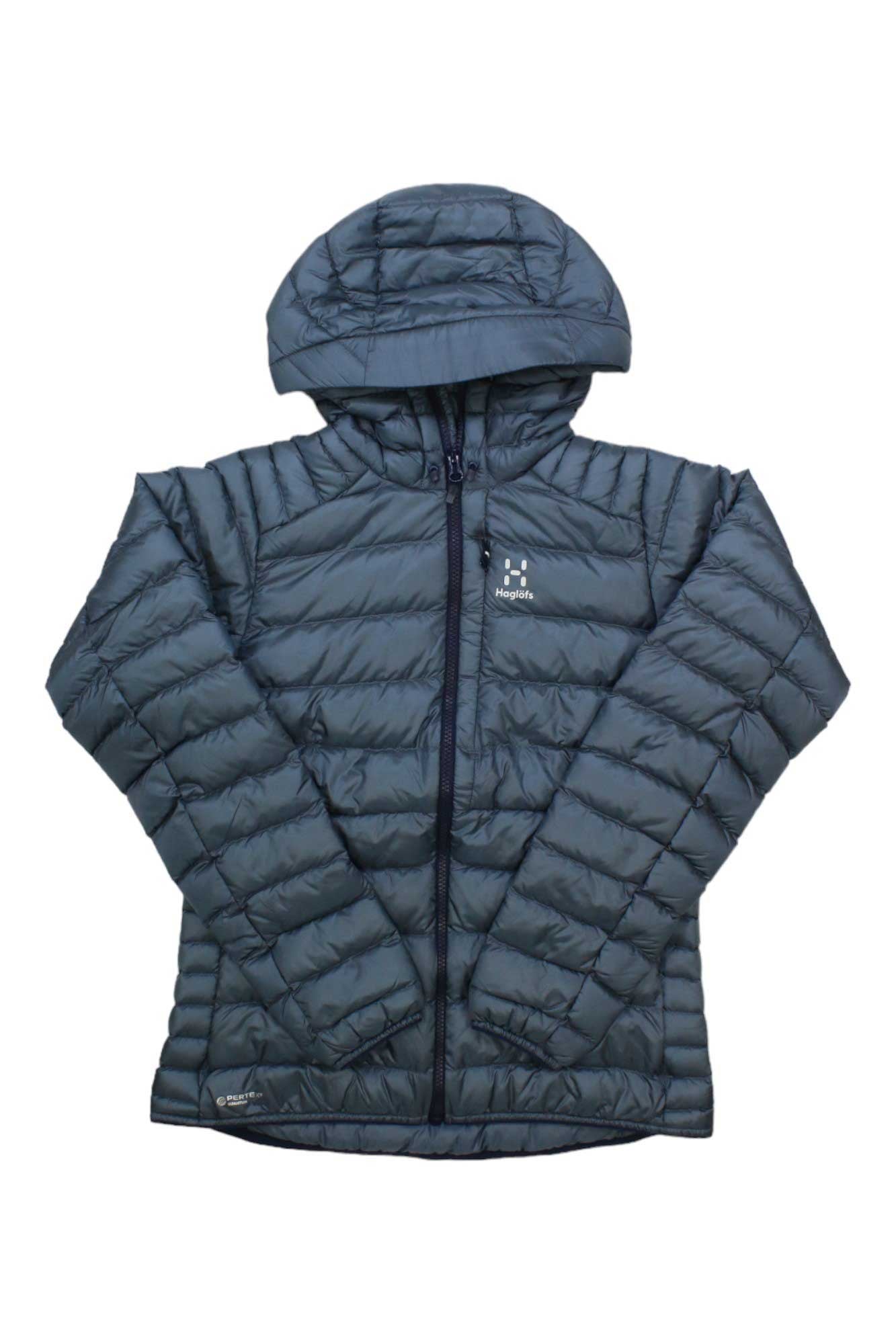 The Haglofs Womens Roc Down Hoodie is a dark gray, quilted puffer jacket with a Pertex shell, hood, front zipper, long sleeves, and the Haglöfs logo on the left chest. It's fluorocarbon free.