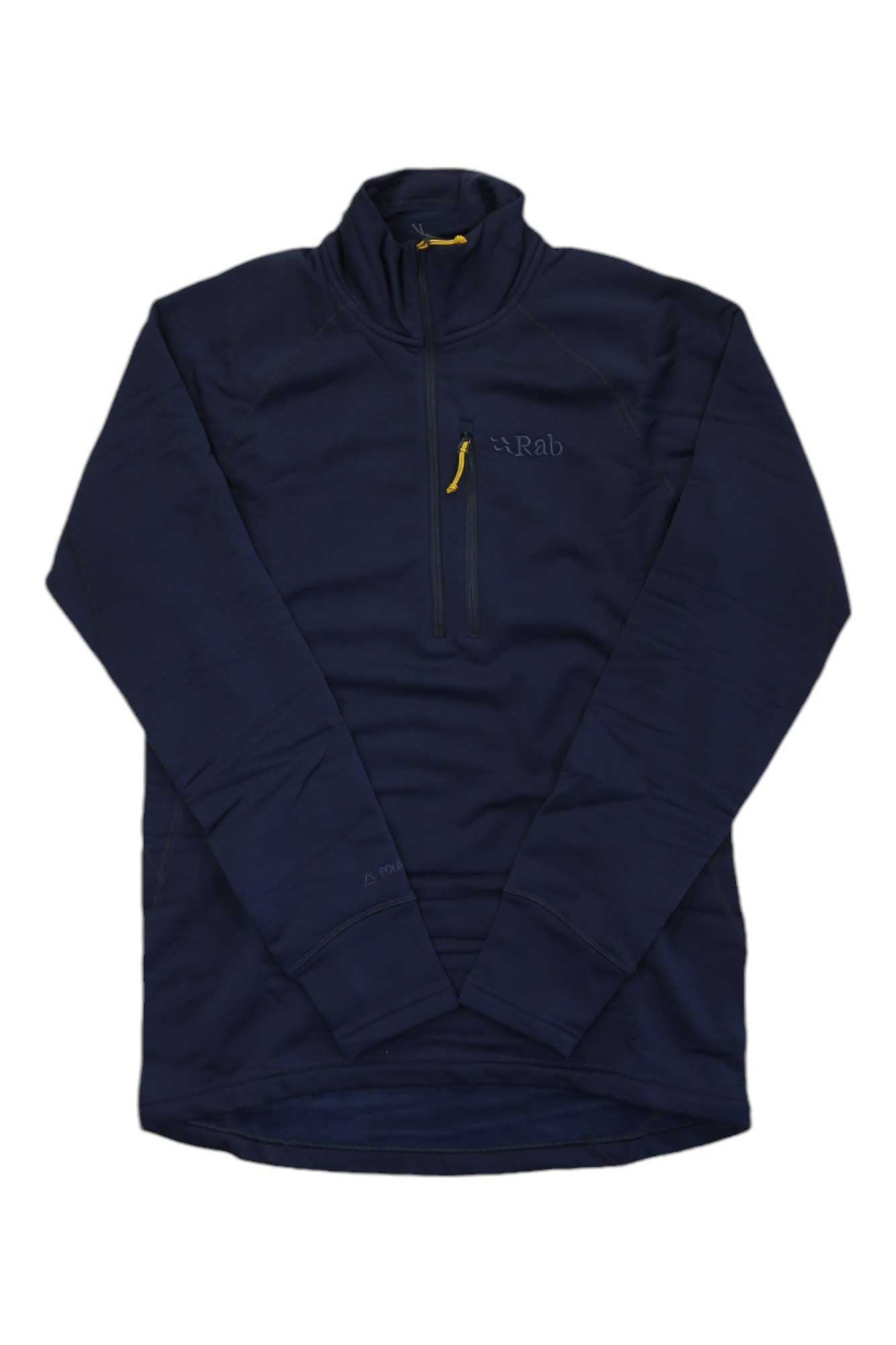 The Rab Mens Power Stretch Pro Pull-On, a navy blue men's long-sleeve pullover with a half-zip design and zippered chest pocket, is made from eco-friendly Polartec Power Stretch Pro. The Rab logo appears subtly on the left chest.
