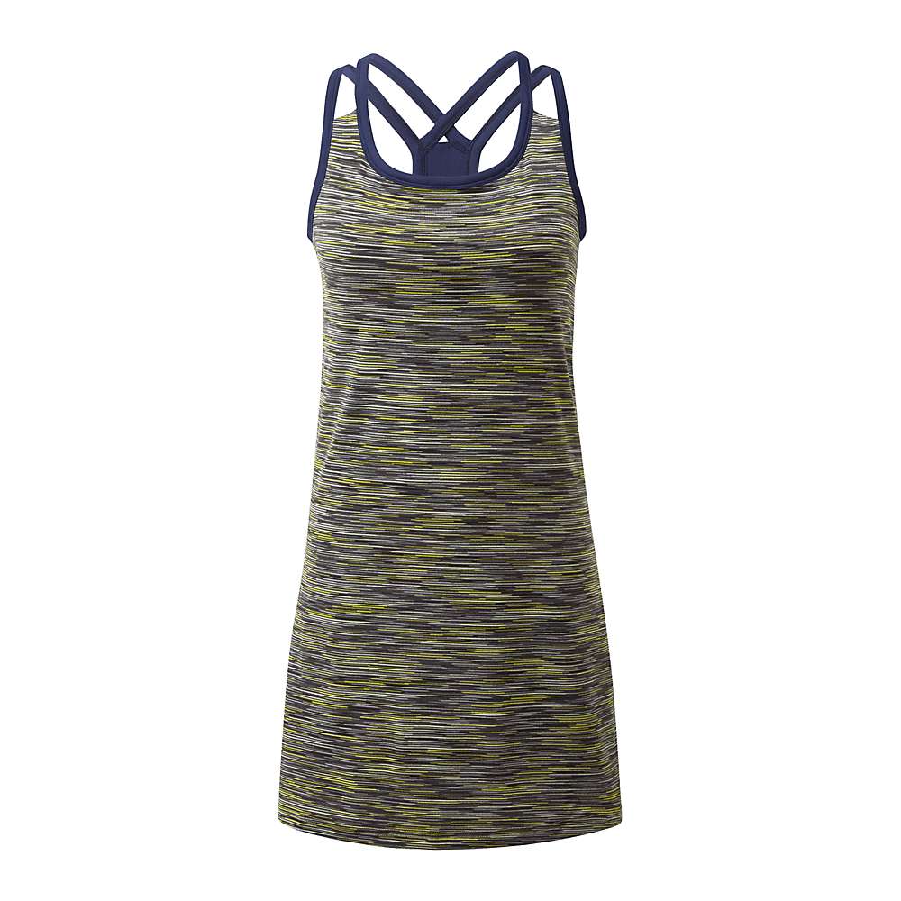 The Rab Womens Maze Dress is a sleeveless athletic tank dress with a scoop neck, crisscross racerback straps, and lightweight fabric featuring horizontal stripes in gray, green, and navy blue—perfect for hiking.