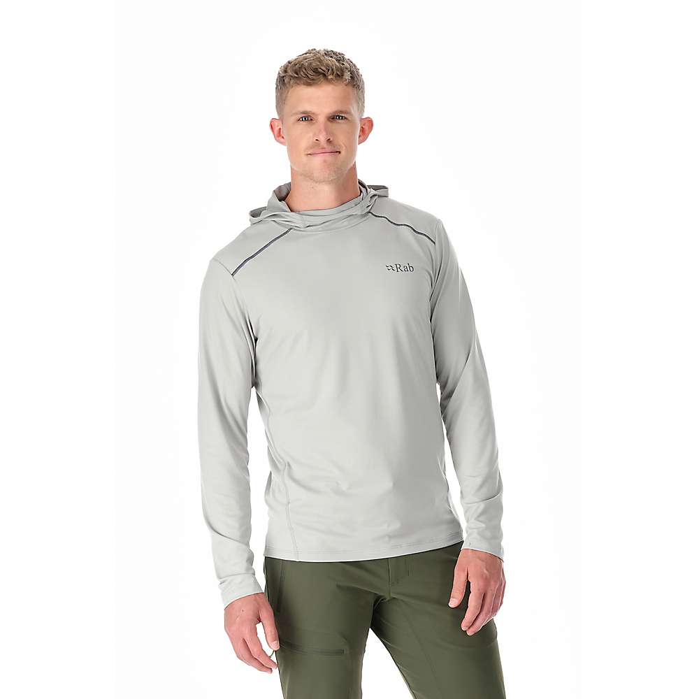 Men's hooded performance top, light gray, kangaroo pocket and adjustable hood drawcord