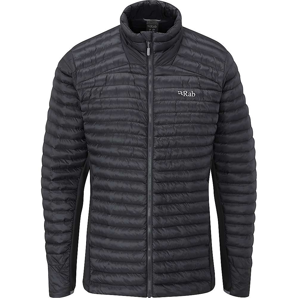 The Rab Men's Cirrus Flex 2.0 Jacket is black and lightweight, featuring PrimaLoft Silver Luxe insulation, a Pertex Quantum shell, front zipper, stand-up collar, horizontal stitching, and the Rab logo on the left chest.