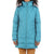 A person wears the Moosejaw Women's Hooded Mid-Length Down Jacket in teal, featuring a diamond quilted pattern, high collar, front zipper, extended cuffs, and cozy style. Their hands are at their sides; the head is partially cropped out.