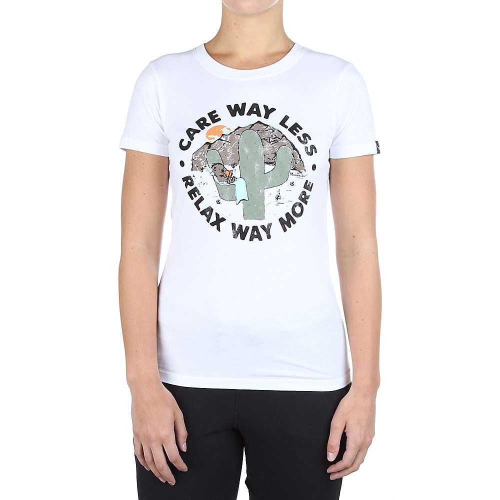 Women's white crew-neck graphic tee, short sleeves, front print with cactus and text