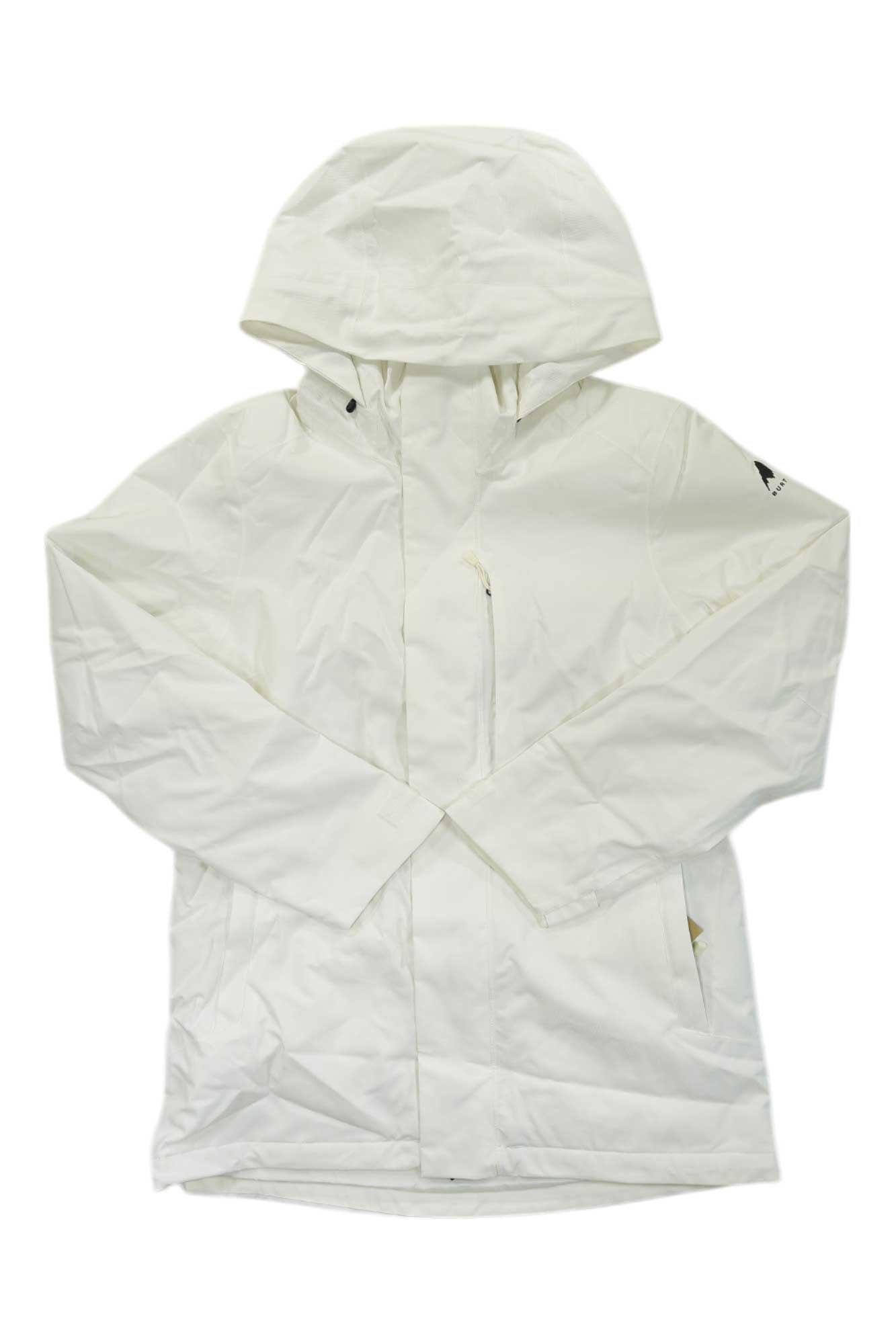 The Burton Womens Jet Ridge Jacket is a white shell with a hood, long sleeves, and front zipper. Shown laid flat on a white background, this lightweight hiking jacket features a subtle logo on the left sleeve—ideal for outdoor adventures.