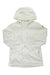 The Burton Womens Jet Ridge Jacket is a white shell with a hood, long sleeves, and front zipper. Shown laid flat on a white background, this lightweight hiking jacket features a subtle logo on the left sleeve—ideal for outdoor adventures.