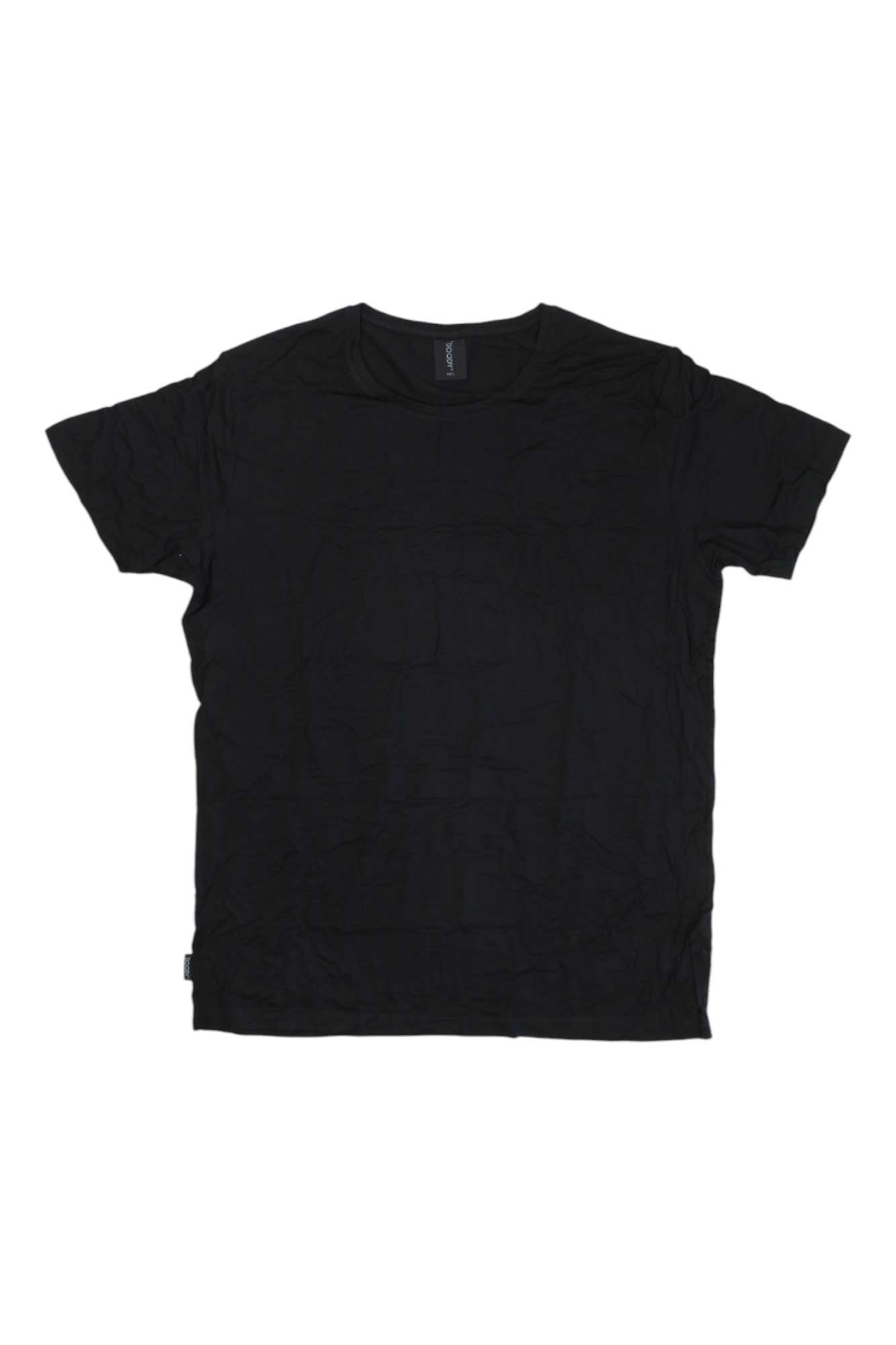 The Boody Mens Crew Neck T-Shirt, shown flat on a white background, is a plain black short-sleeve bamboo shirt that provides an eco-friendly, moisture-wicking choice for daily comfort.