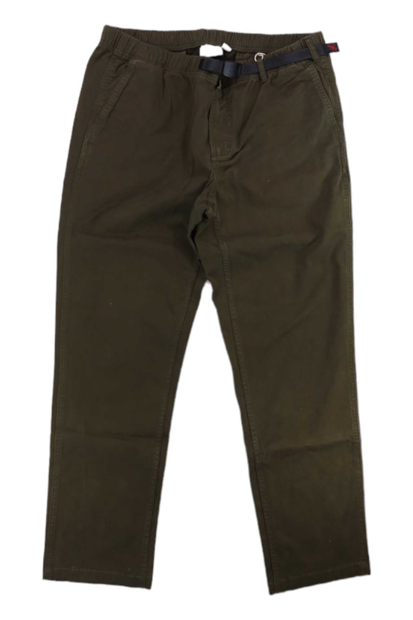 The Gramicci Womens Tapered Pant in olive green, made from cotton stretch twill with an elastic waistband and black belt, is shown flat on a white background.