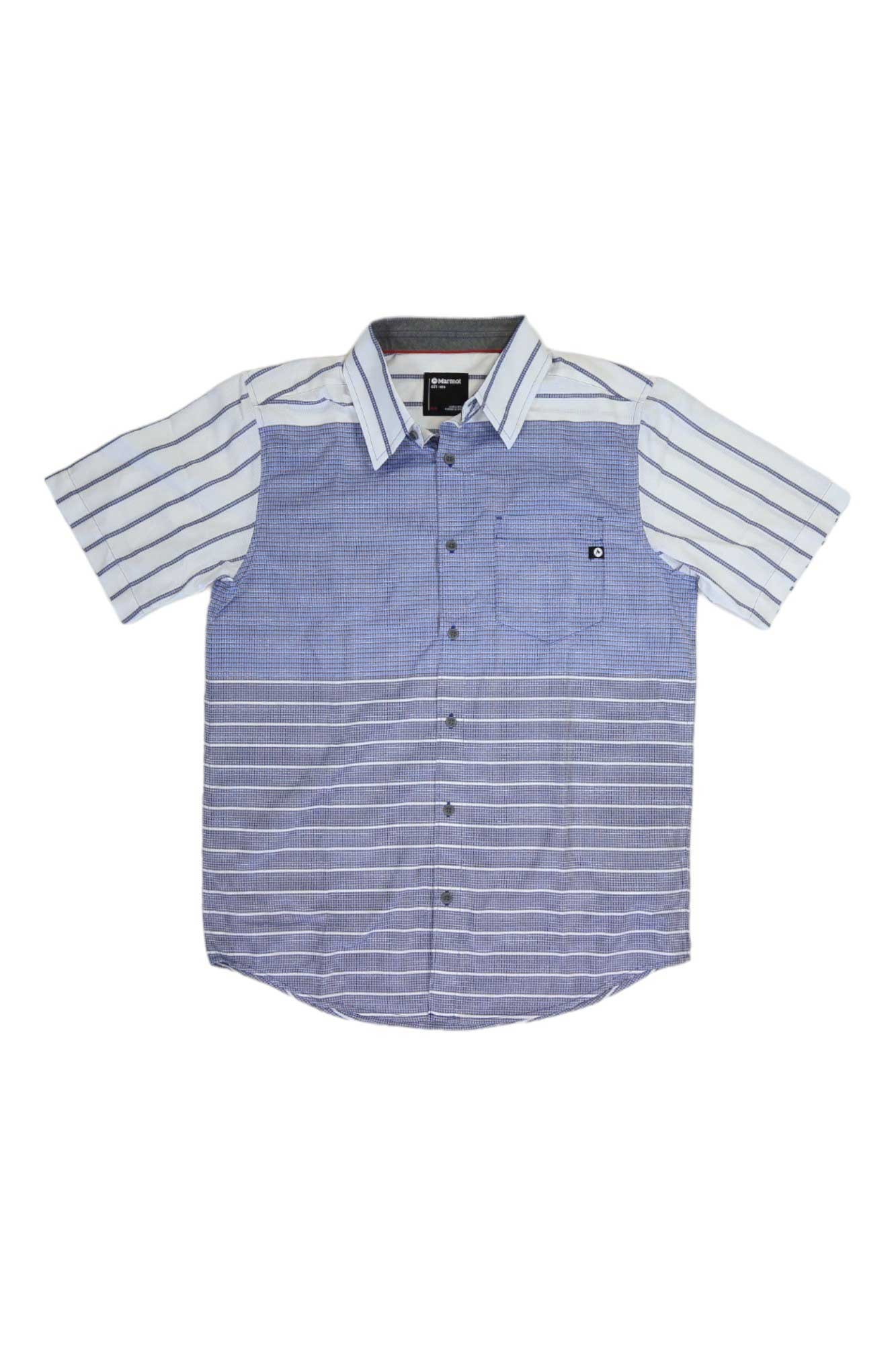 Men's blue short-sleeve button-up shirt with white horizontal stripes