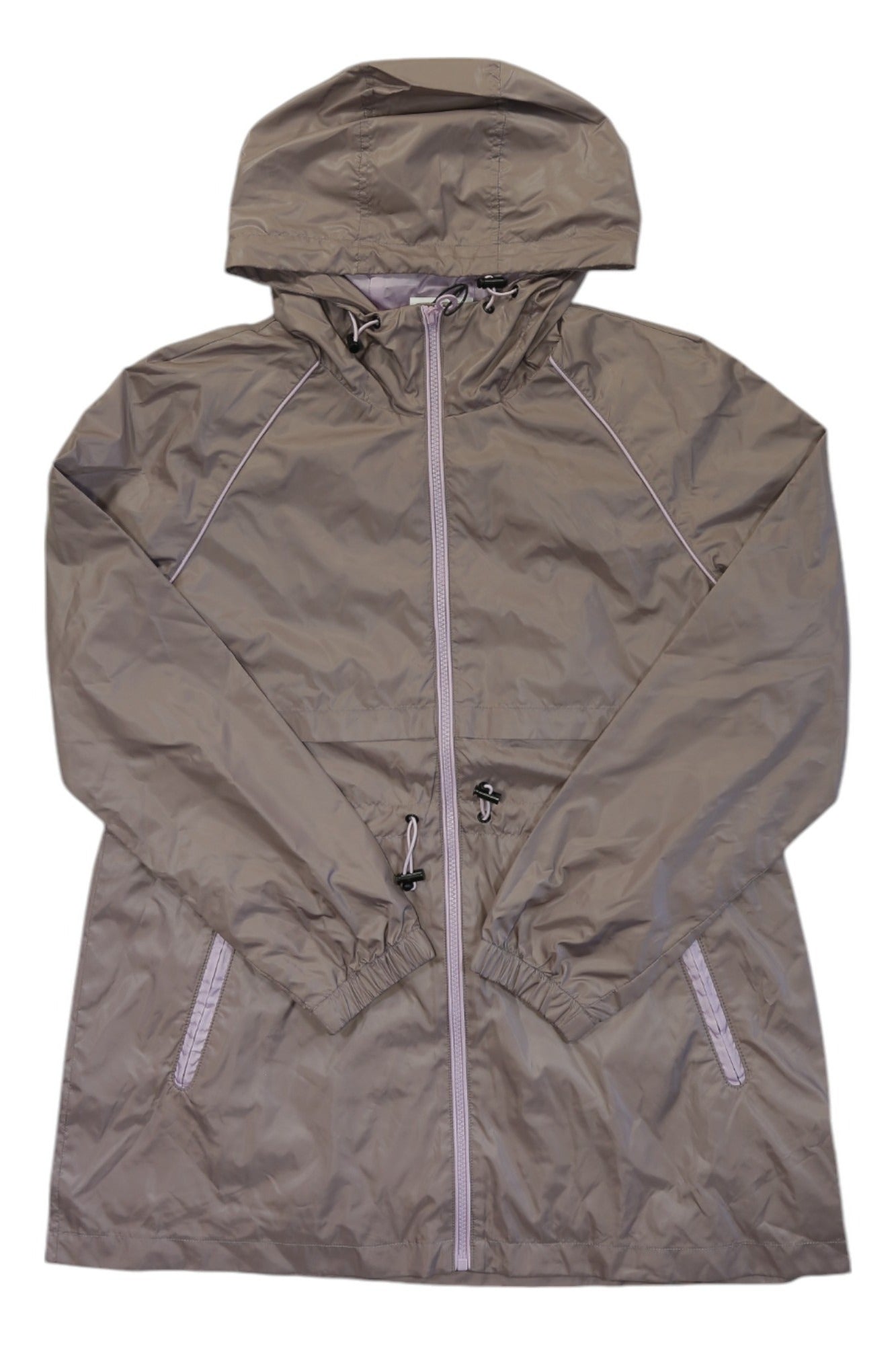 NOIZE Womens Shiloh Windbreaker in light brown features long sleeves, front zipper, elastic cuffs, adjustable hood and waist drawstrings, and two side pockets—ideal for hiking. Displayed laid flat on a white background.