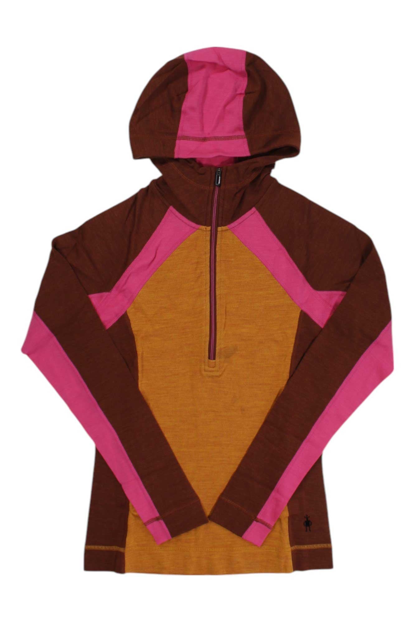 The Smartwool Women's Classic Thermal Merino 1/2 Zip Base Layer Hoodie features long sleeves, a front zipper, and is designed for outdoor activities in brown with mustard yellow and bright pink accents on the shoulders, arms, and hood.