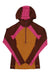 The Smartwool Women's Classic Thermal Merino 1/2 Zip Base Layer Hoodie features long sleeves, a front zipper, and is designed for outdoor activities in brown with mustard yellow and bright pink accents on the shoulders, arms, and hood.