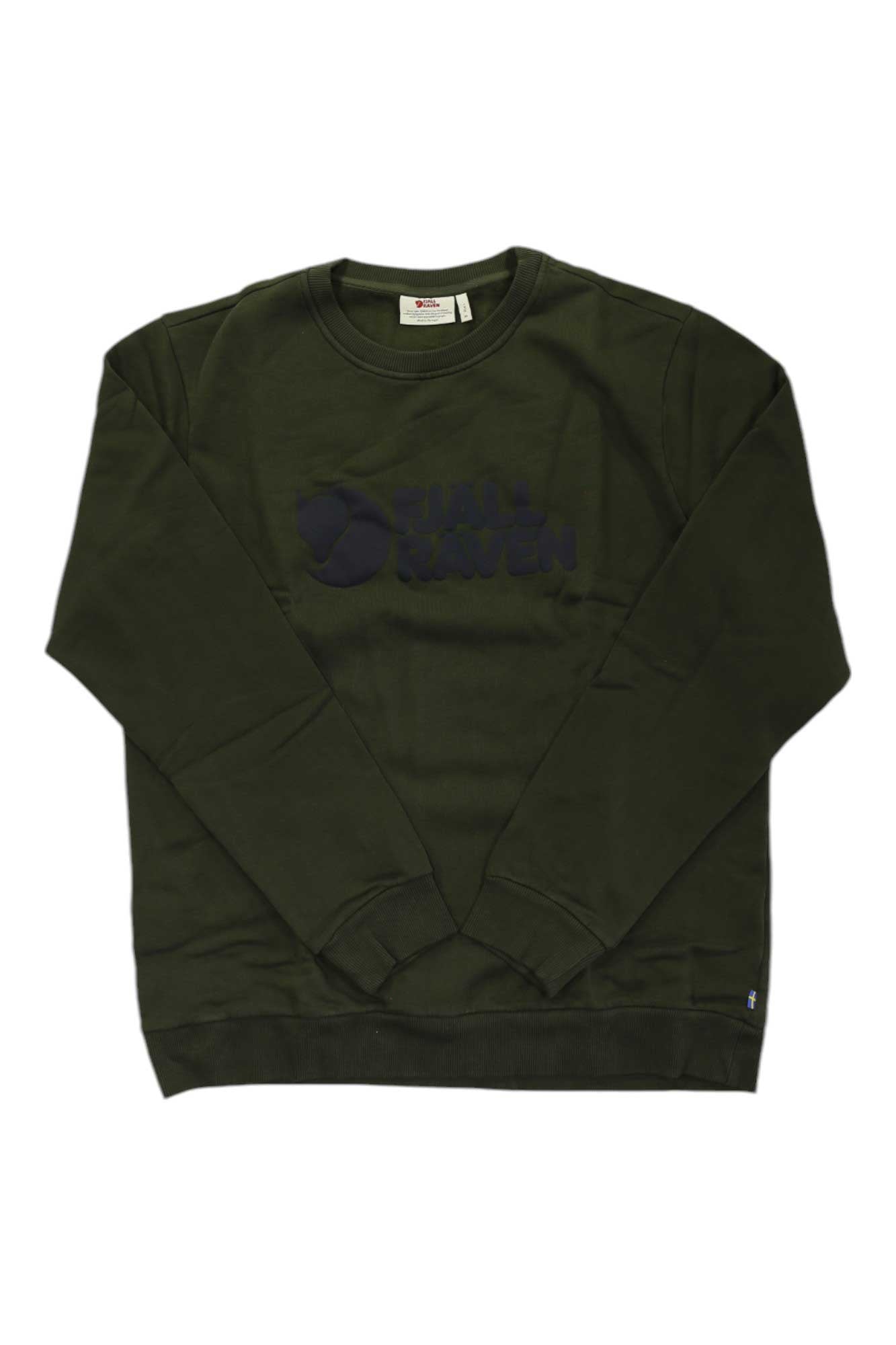 The Fjallraven Mens Logo Sweater is a dark green, long-sleeve crewneck made with organic cotton, featuring subtle embossed text and logo on the front plus a small fabric tag near the hem—ideal for outdoor adventures.