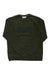 The Fjallraven Mens Logo Sweater is a dark green, long-sleeve crewneck made with organic cotton, featuring subtle embossed text and logo on the front plus a small fabric tag near the hem—ideal for outdoor adventures.