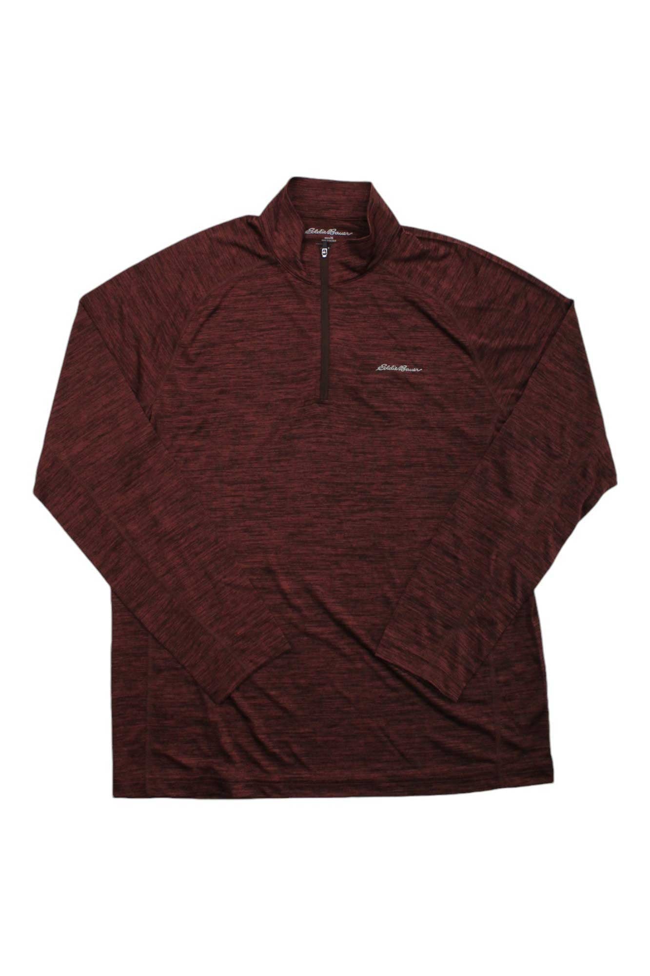 The Eddie Bauer Motion Men's Resolution 1/4 Zip, a maroon heather long-sleeve pullover with a small left-chest logo, is perfect to pair with insulated ski mittens for your next winter adventure.