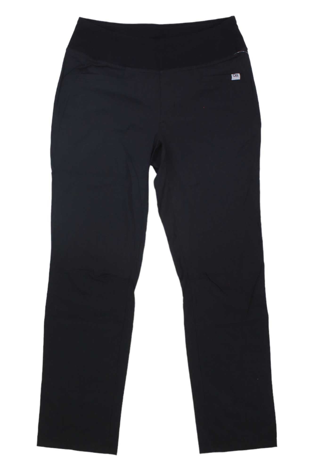 The Outdoor Research Womens Zendo Pant is a pair of black, lightweight hiking pants for women, featuring a straight-leg cut and mid-rise waistband, shown flat on a white background.