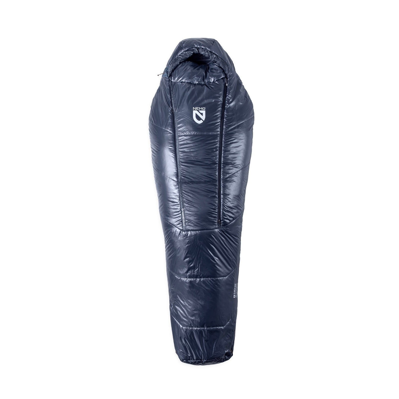 The Nemo Soul 30/40 Sleeping Bag Regular is a dark blue, tapered mummy bag with a hood, shown upright against a white background. The ultralight sleeping bag features the Nemo logo on the upper chest area.