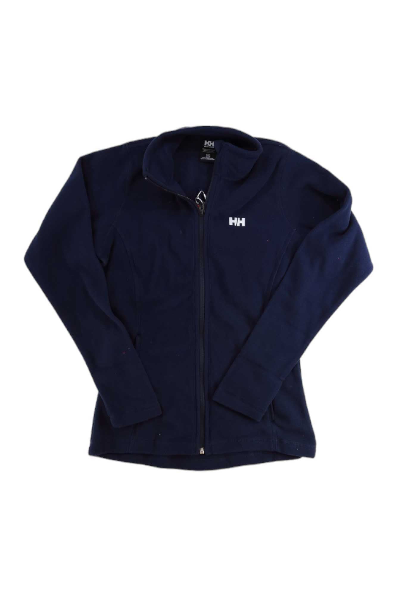 A navy blue women's Helly Hansen Daybreaker Fleece Jacket with long sleeves and a small white HH logo on the left chest is laid flat on a white background.