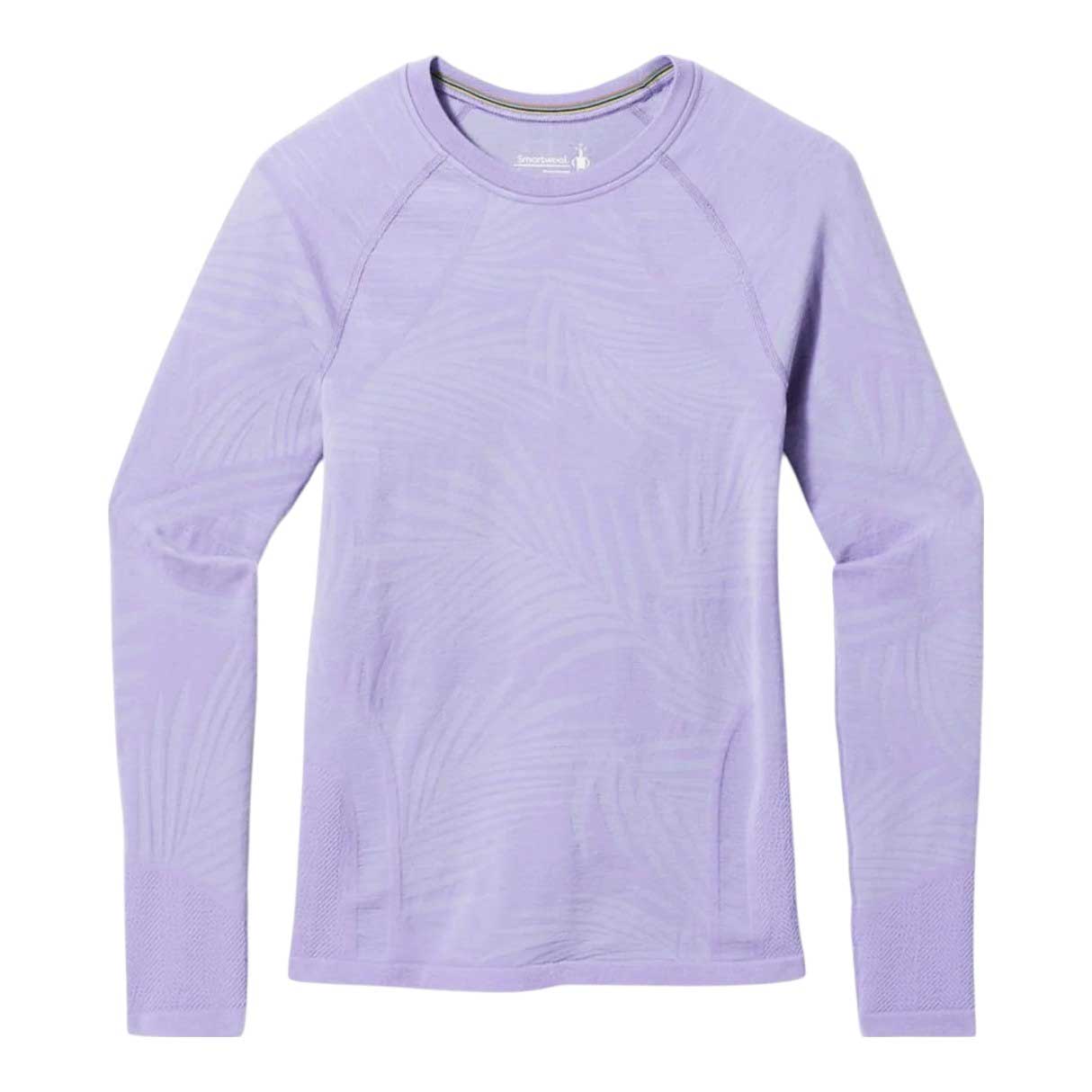 The Smartwool Womens Intraknit Active Base Layer LS Top is a lavender long-sleeve shirt with a subtle leaf pattern and crew neckline, shown against a white background.