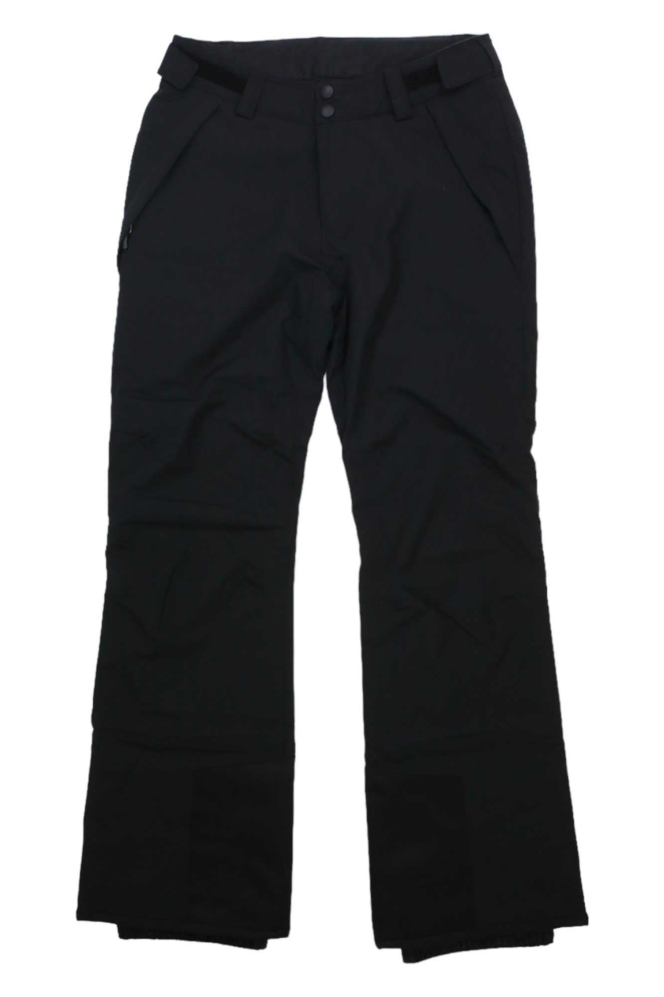 Spyder Womens Section Pant—black insulated snowboarding pants with belt loops, front pockets, and a button closure—shown laid flat on a white background.