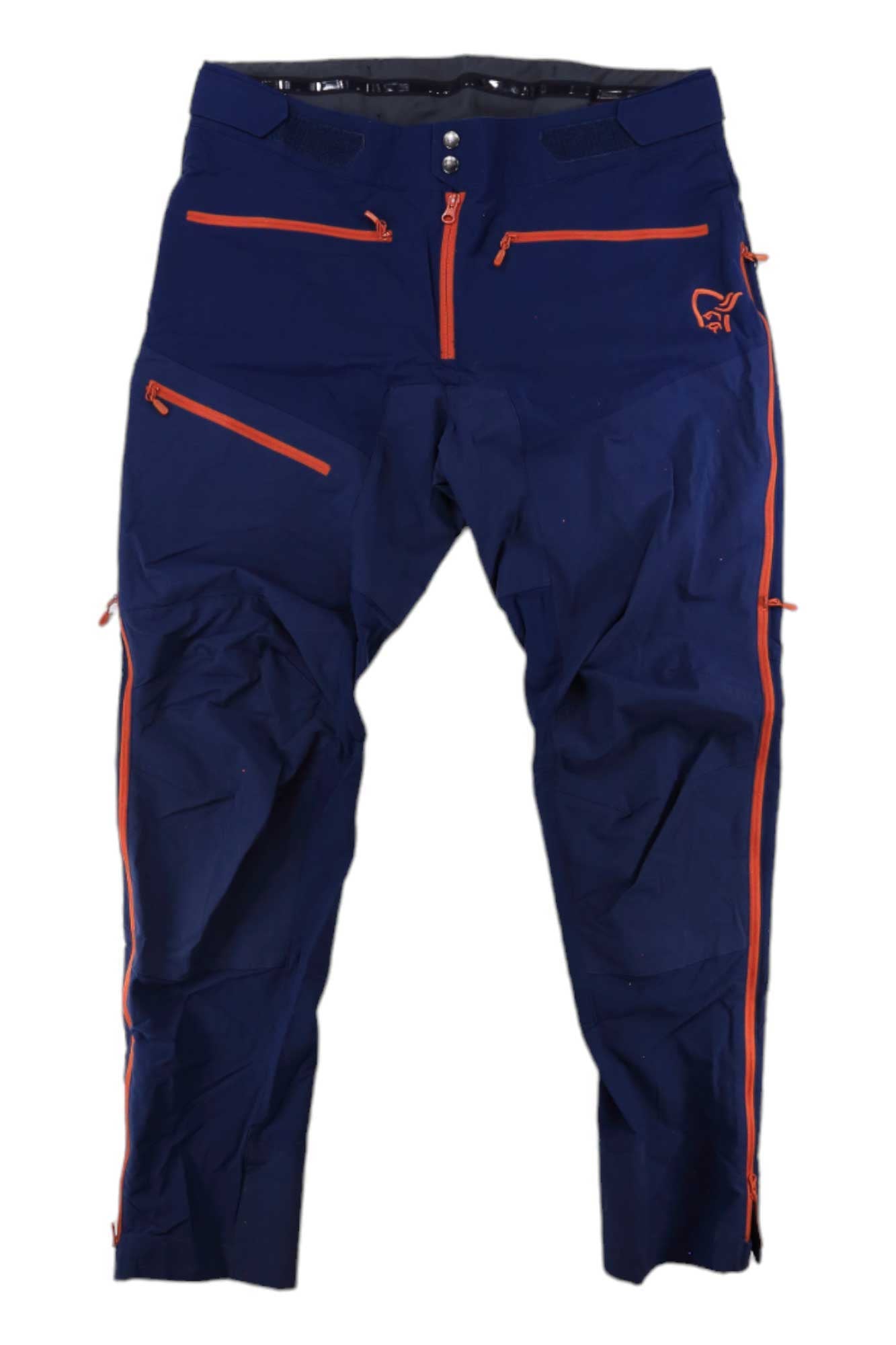 Men's indigo-blue hiking pants with zip fly, belt loops, and orange zip pockets