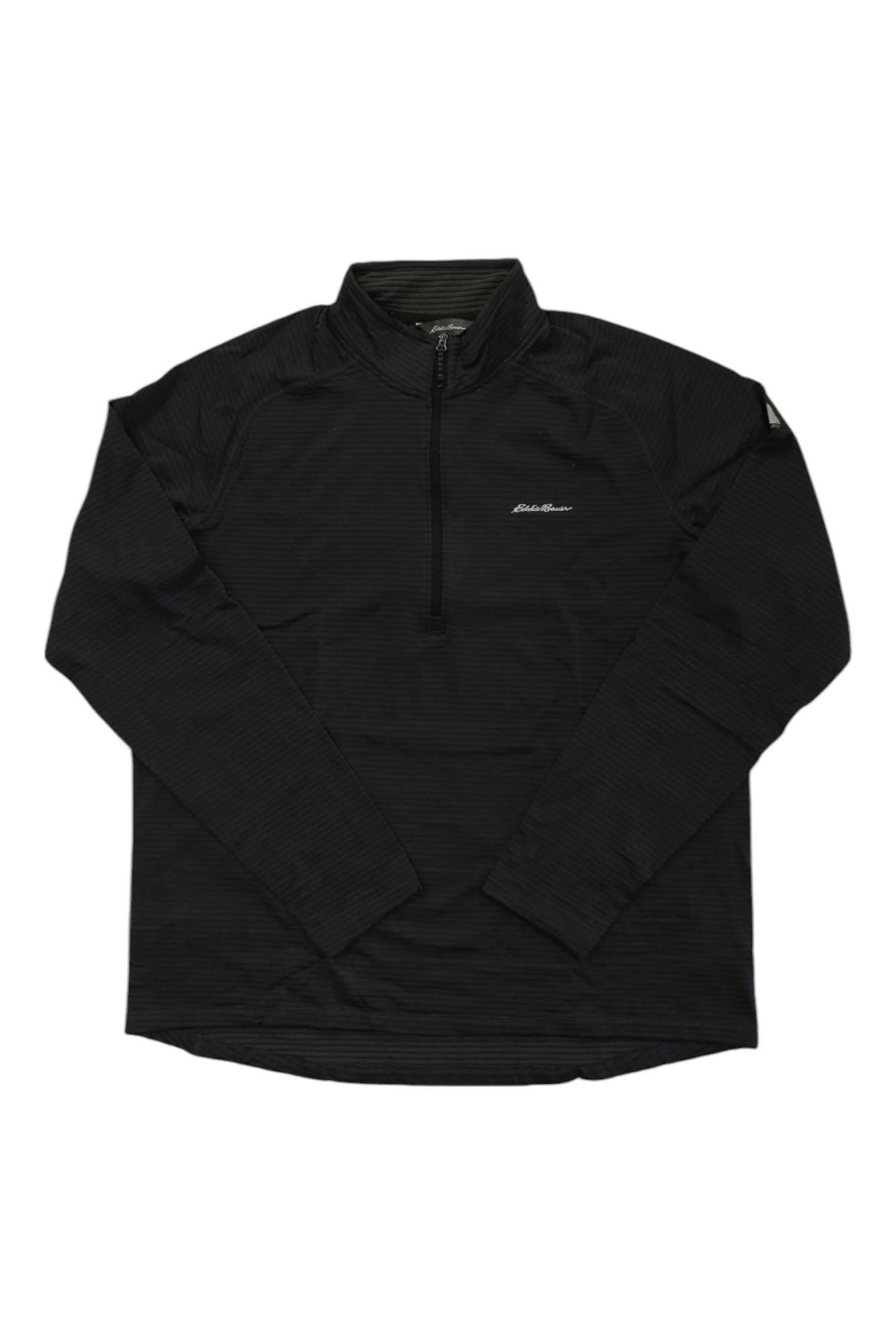 The Eddie Bauer First Ascent Men's High Route Grid Air HZ Top is a black long-sleeve hiking top with a quarter-zip, small left chest logo, and lightweight textured fabric that wicks moisture for comfort on the trail.