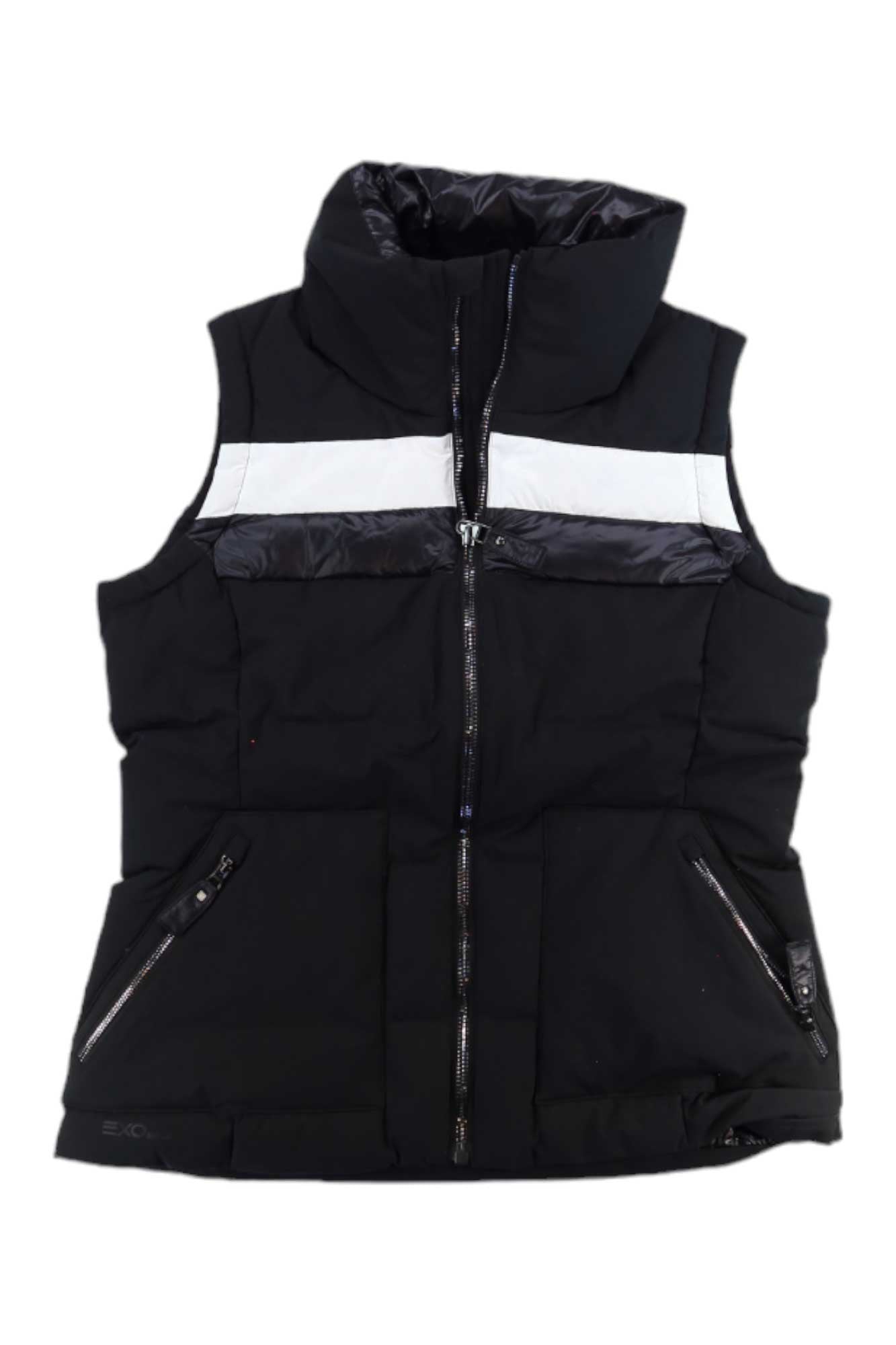 The Spyder Womens Eastwood Down Vest is a sleeveless black puffer with a high collar, zip front, two zip pockets, and a white chest stripe—ideal for snowsports, offering both style and warmth.