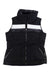 The Spyder Womens Eastwood Down Vest is a sleeveless black puffer with a high collar, zip front, two zip pockets, and a white chest stripe—ideal for snowsports, offering both style and warmth.