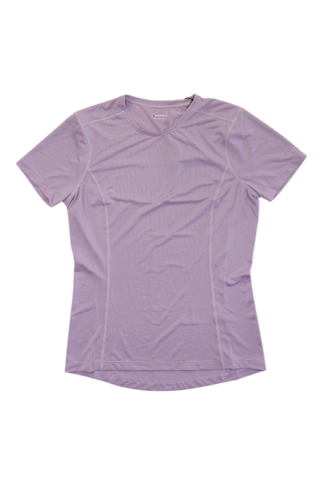 The Montane Womens Dart Lite T-Shirt in light purple features short sleeves and visible seam lines, shown laid flat on a white background—a performance baselayer ideal for workouts or lightweight outdoor wear.