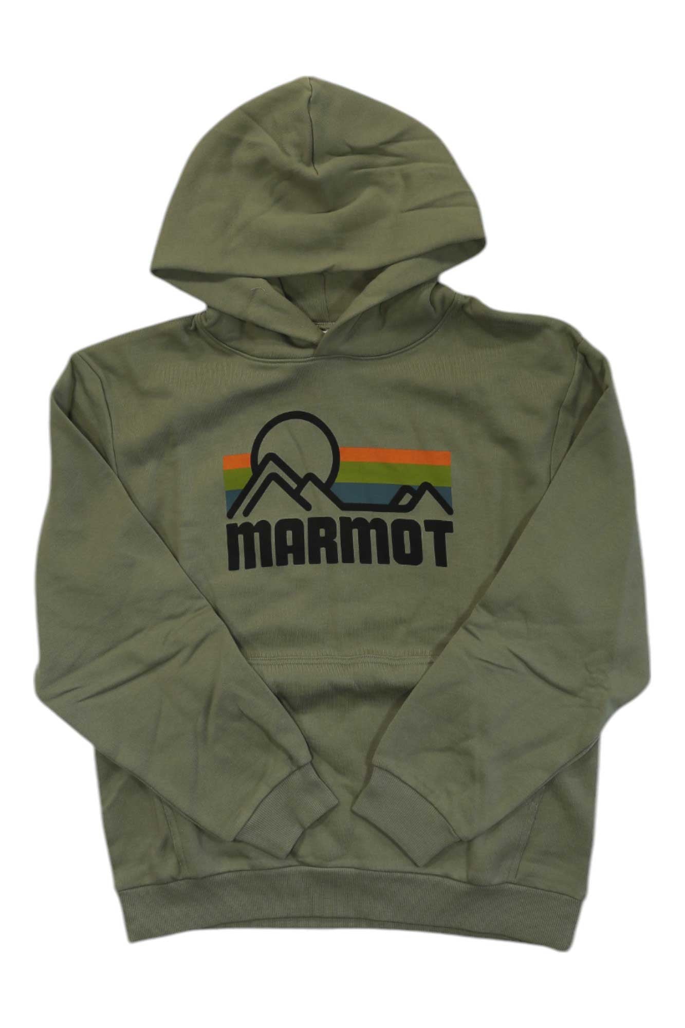 Olive green women's pullover hoodie with Marmot logo, drawstring hood, and pouch