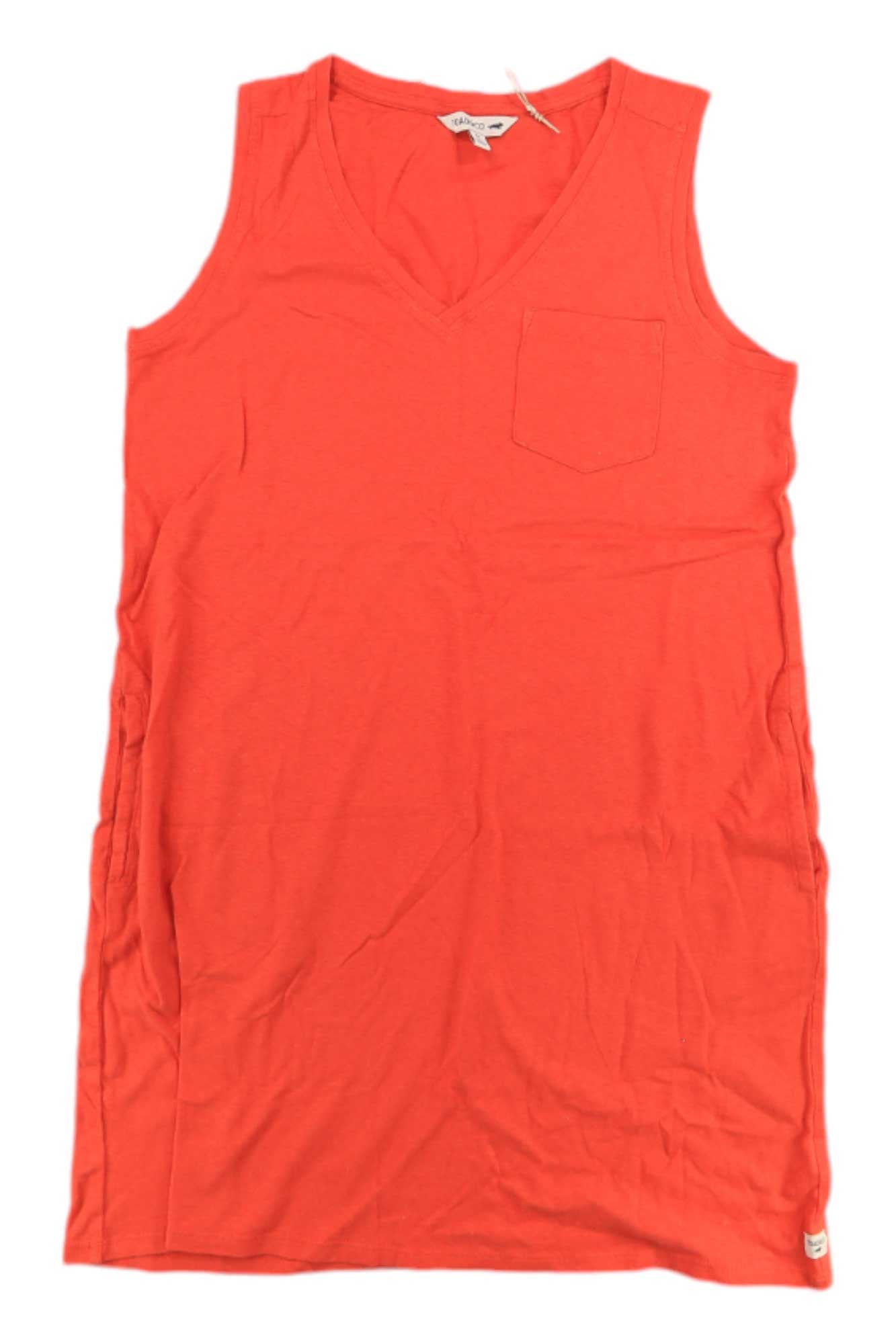 The Toad & Co Womens Grom Tank Dress in coral, featuring a sleeveless V-neck and small chest pocket, is shown laid flat on a white background. Made of organic cotton, the dress has a soft, casual feel with subtle wrinkles for a relaxed look.